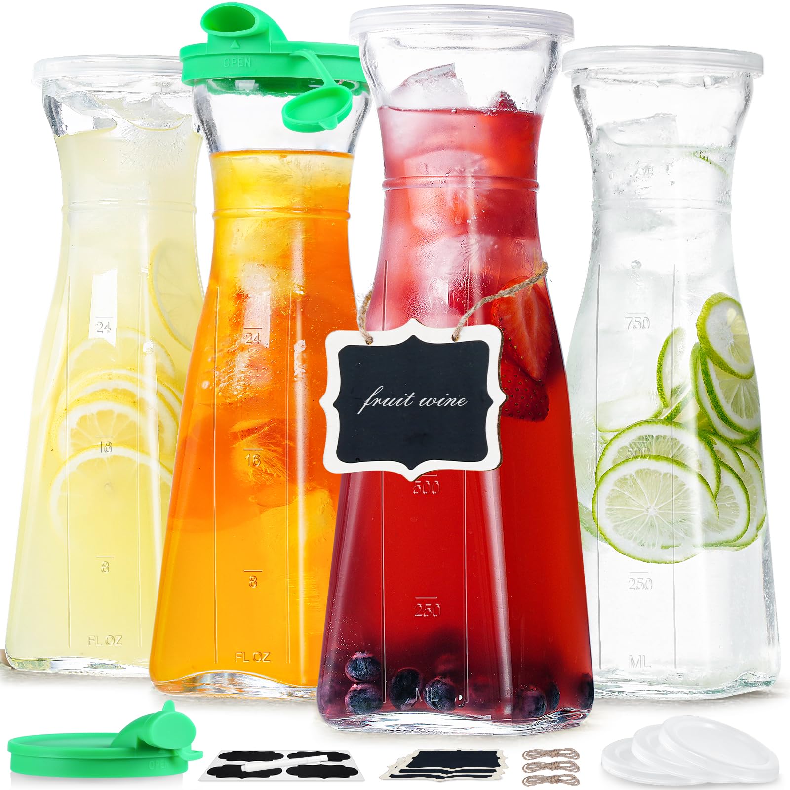 4 Pack 1 Liter Square Glass Water Carafe with 6 Lids and 2 Silicone Pour Spouts! 35 Oz Glass Pitchers for Fridge - Glass Beverage Dispensers for Iced Tea, Beverage, Milk, Cold Brew and Mimosa Bar