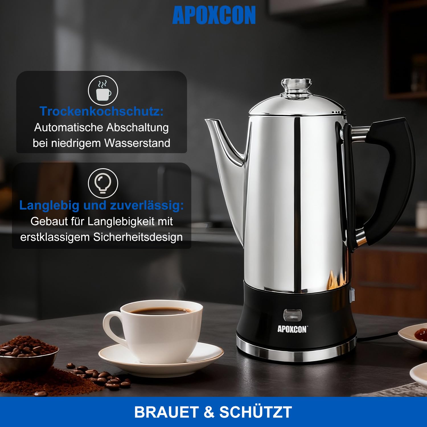 APOXCON Edelstahl Kaffeekanne Elektrisch, mit sichtbarem Brühknopf, cordless Servieren, aluminiumfrei,12 Tassen