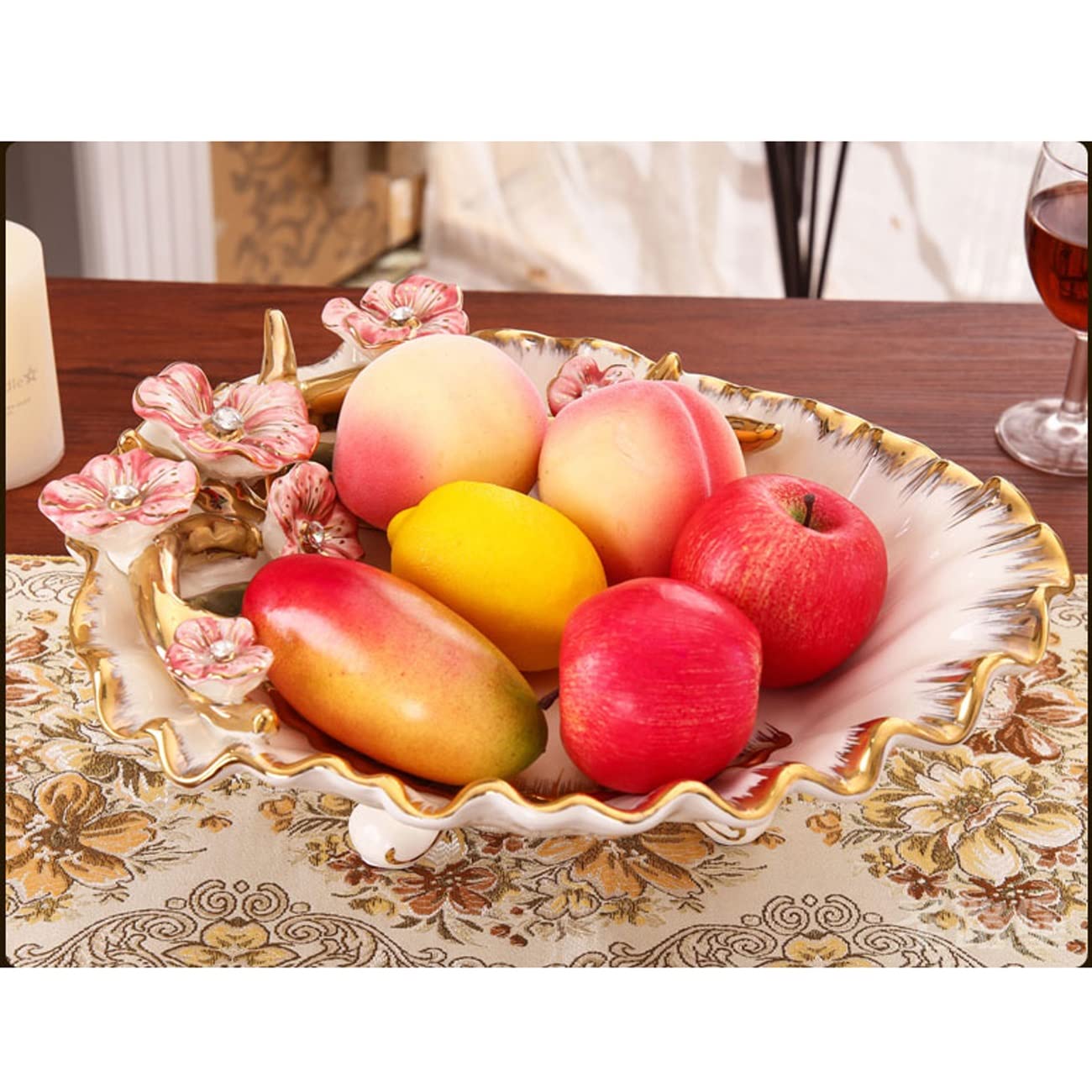 Plato de Frutas de cerámica Dulces nueces Platos de Porcelana Aperitivos compota Bayas Bandeja de Almacenamiento Borde Tallado de Flores decoración,