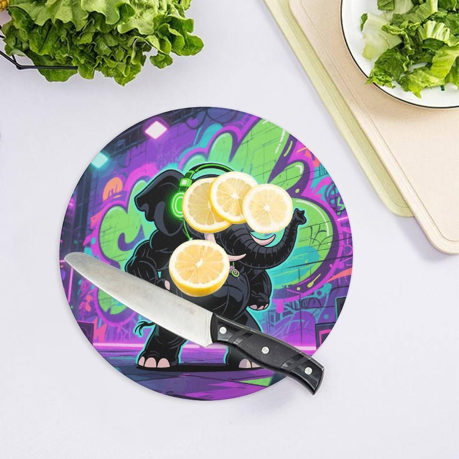 Elephant with Headphones Tempered Glass Cutting Board Sturdy Chopping Block Personalized Large Butcher Block Lightweight Round Chopping Mat for Kitchen Non Slip