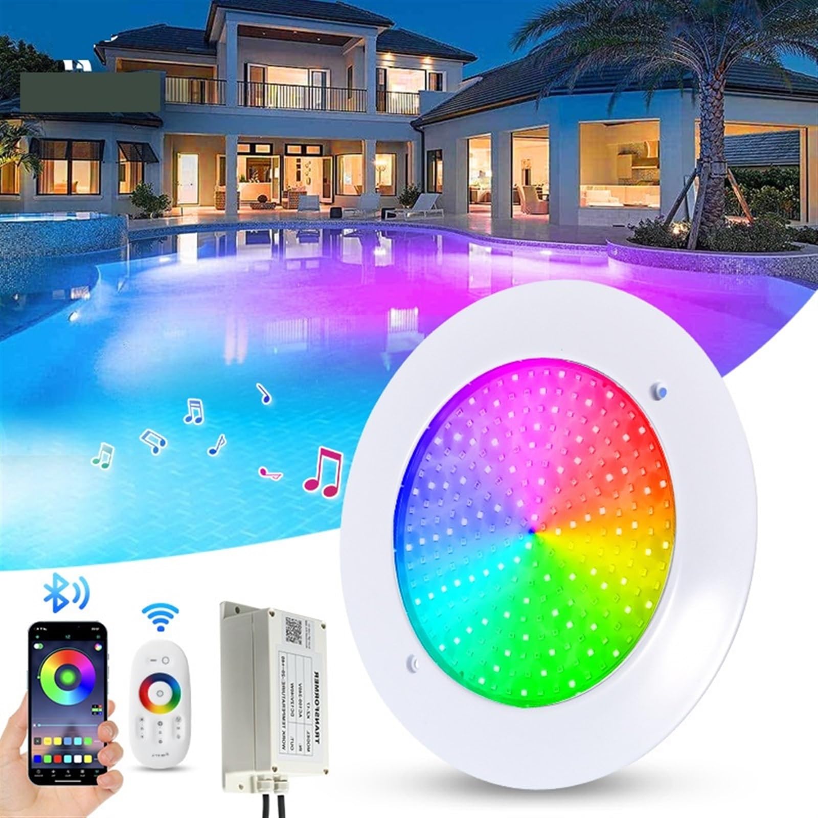 Poolbeleuchtung, Unterwasser-12-V-Niederspannungs-Schwimmbadlicht, farbenfrohe Bluetooth-App, ultradünnes, wandmontiertes Unterwasserlicht mit Vollkleber für Schwimmbad, Brunnen, Teich, Aquarium(Color