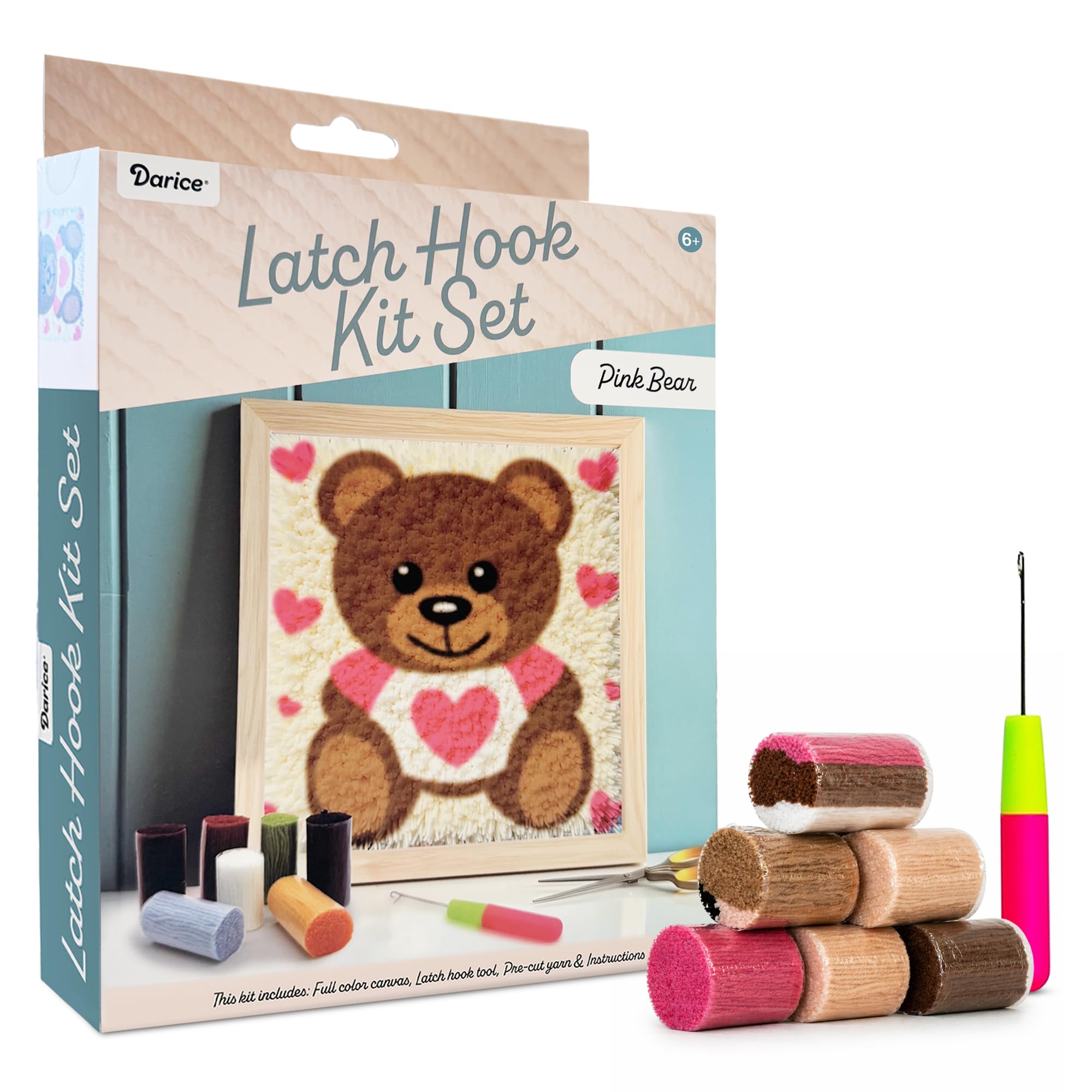 Darice Latch Hook Rug Kit, Pink Bear Design DIY Latch Hook Kit for Kids &amp; Adults, Color Canvas, PreCut Yarn &amp; Hook Tool, Craft Activity &amp; Gift for Kids