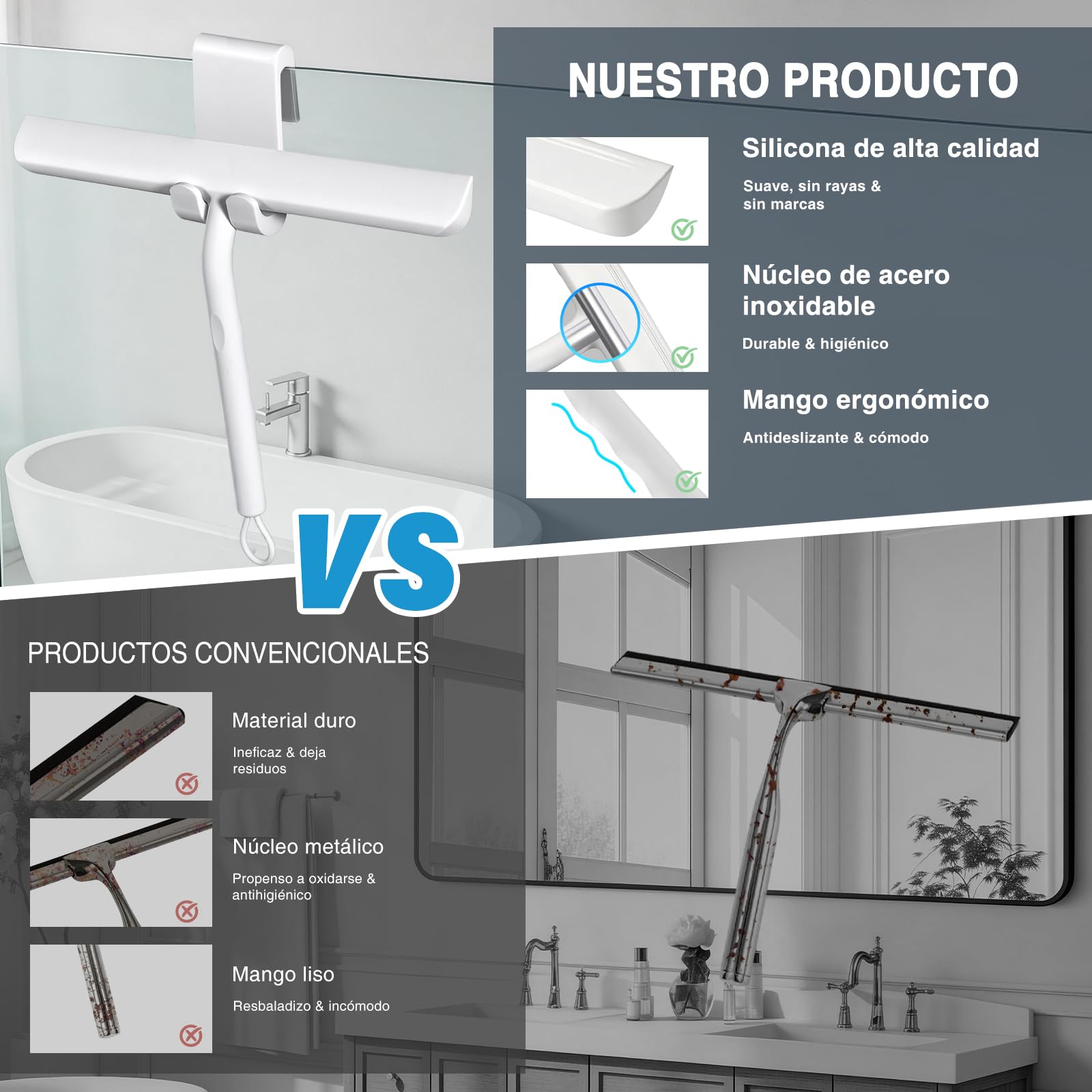 Vinabo Rasqueta Limpiacristales de Silicona para Ducha con Soporte, 21cm, Limpia Mamparas, Espejos y Ventanas sin Dejar Rayas, Diseño Ergonómico Antideslizante, Blanco