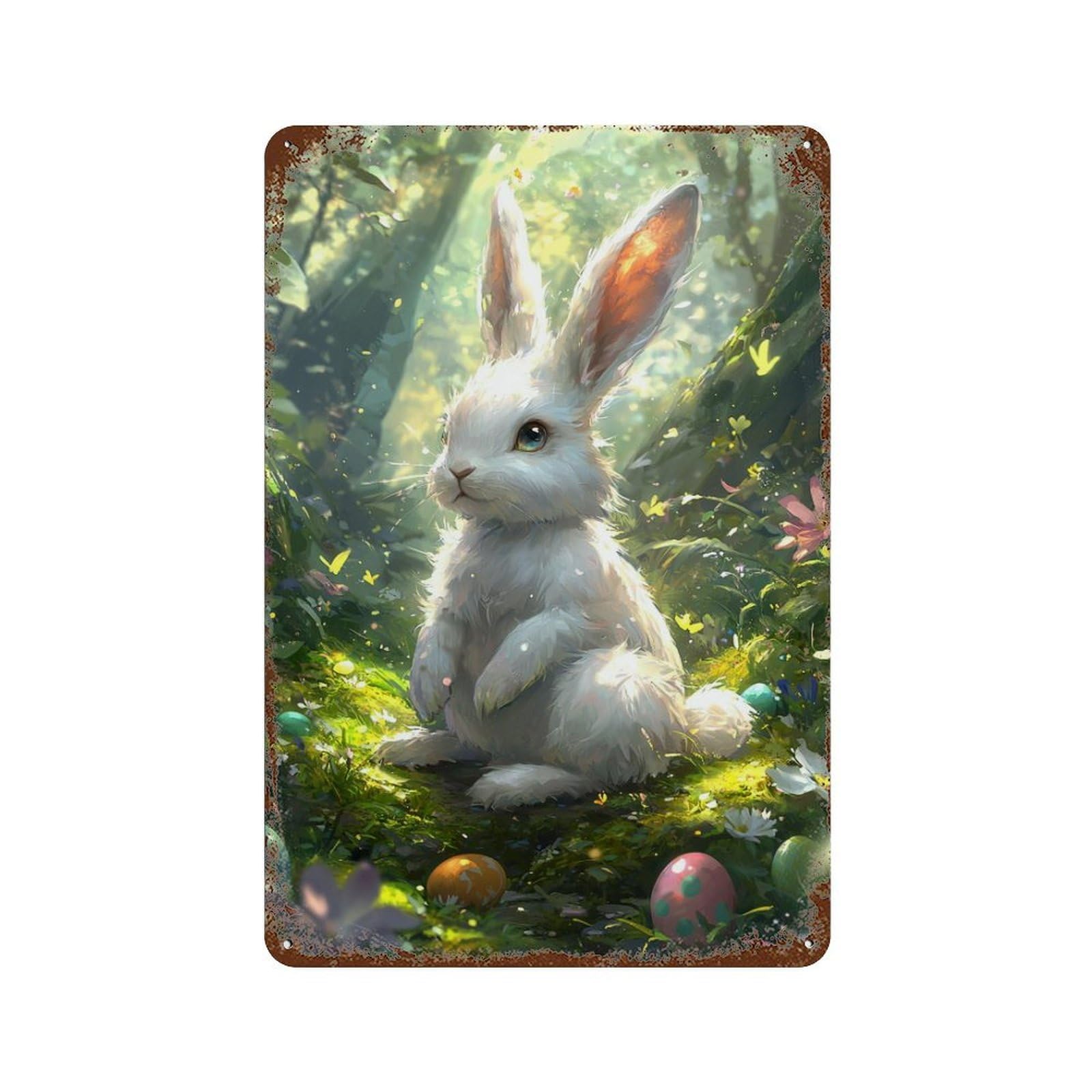 Garage Style Easter Bunny Garden Scene Distressed Metal Wall Sign 11.8"x7.9", Classic Wall Plaque for Bar And Workshop