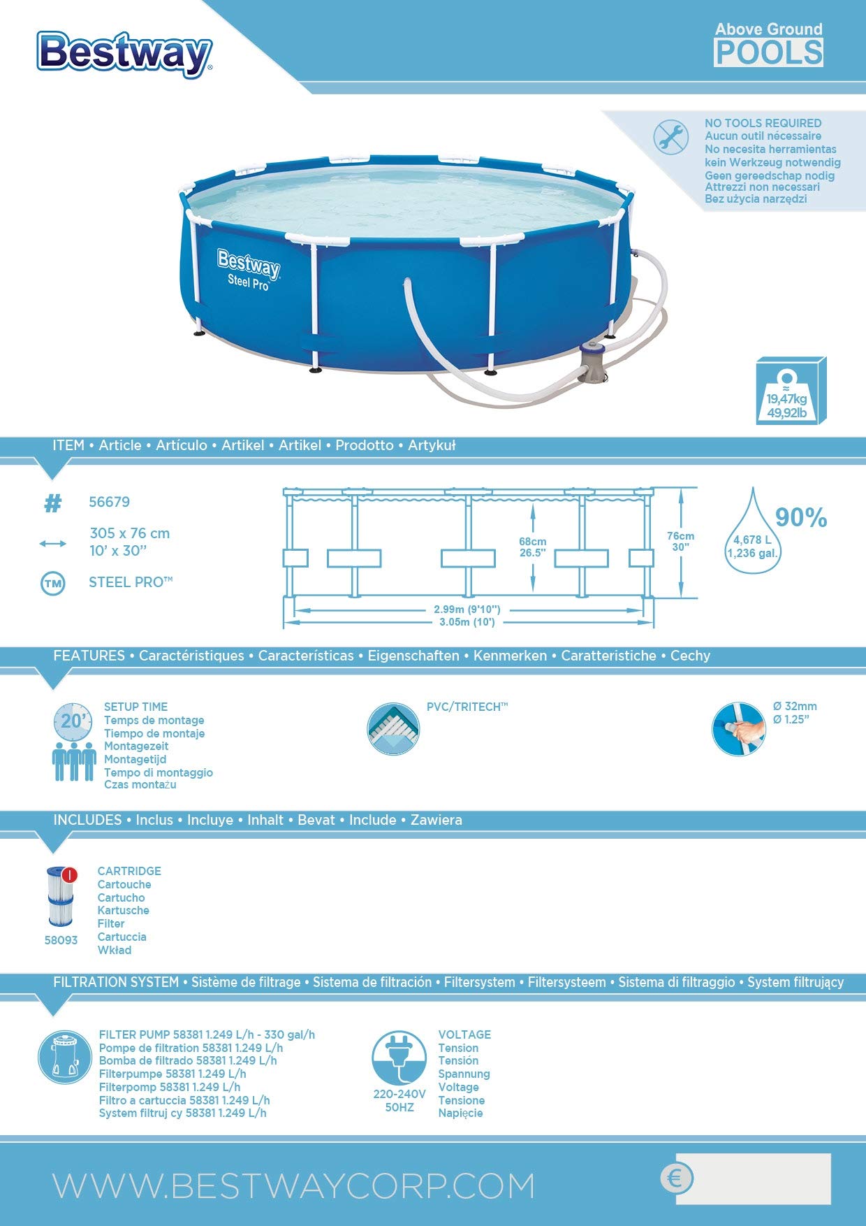 Bestway Steel Pro 56679 - Piscina (Piscina con anillo hinchable, Círculo, Azul, PVC, Acero, 310 mm, 310 mm)