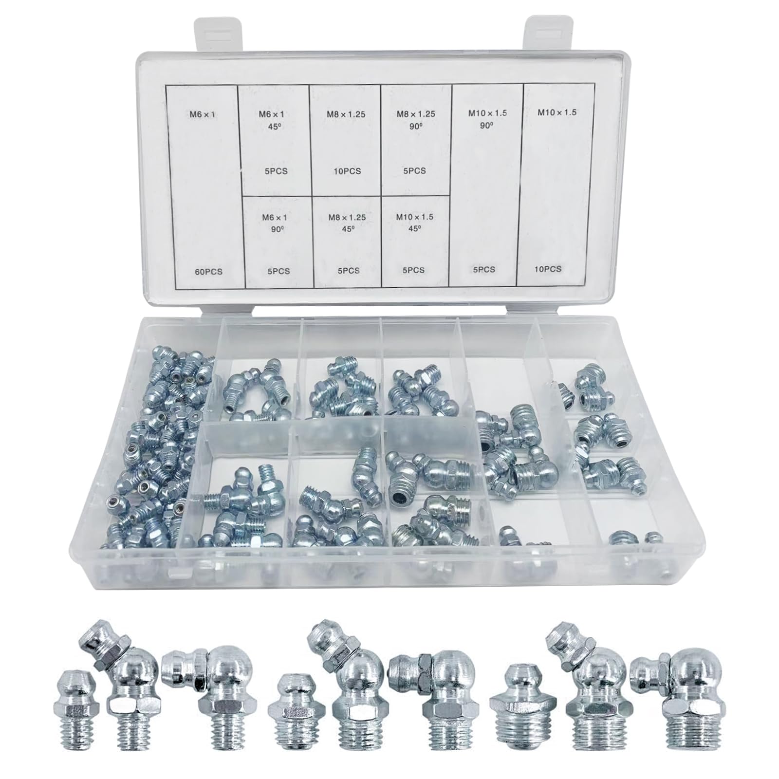 boatsea110Pcs Grease Fitting Assortment Kit, Mertic Hydraulic Grease Zerk Assortment, Galvanized Steel Standard Straight and Angled Zerk Fittings for Replacing Missing or Broken Zerk Grease Fittings