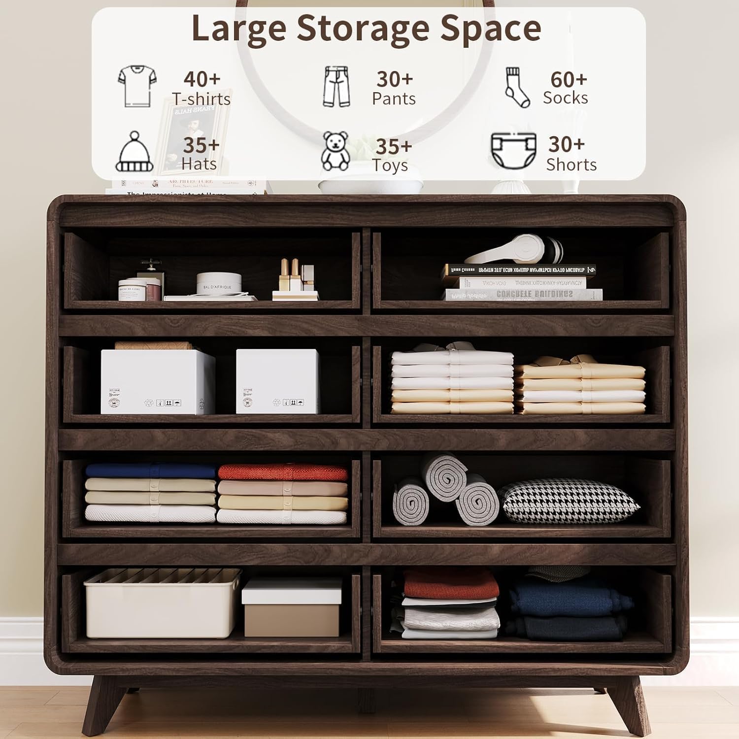 8 Drawers Dresser for Bedroom,Pre-Installed Chests of Drawers with Grille & Curved Design, Wooden Large Drawer Organizer for Bedroom Hallway