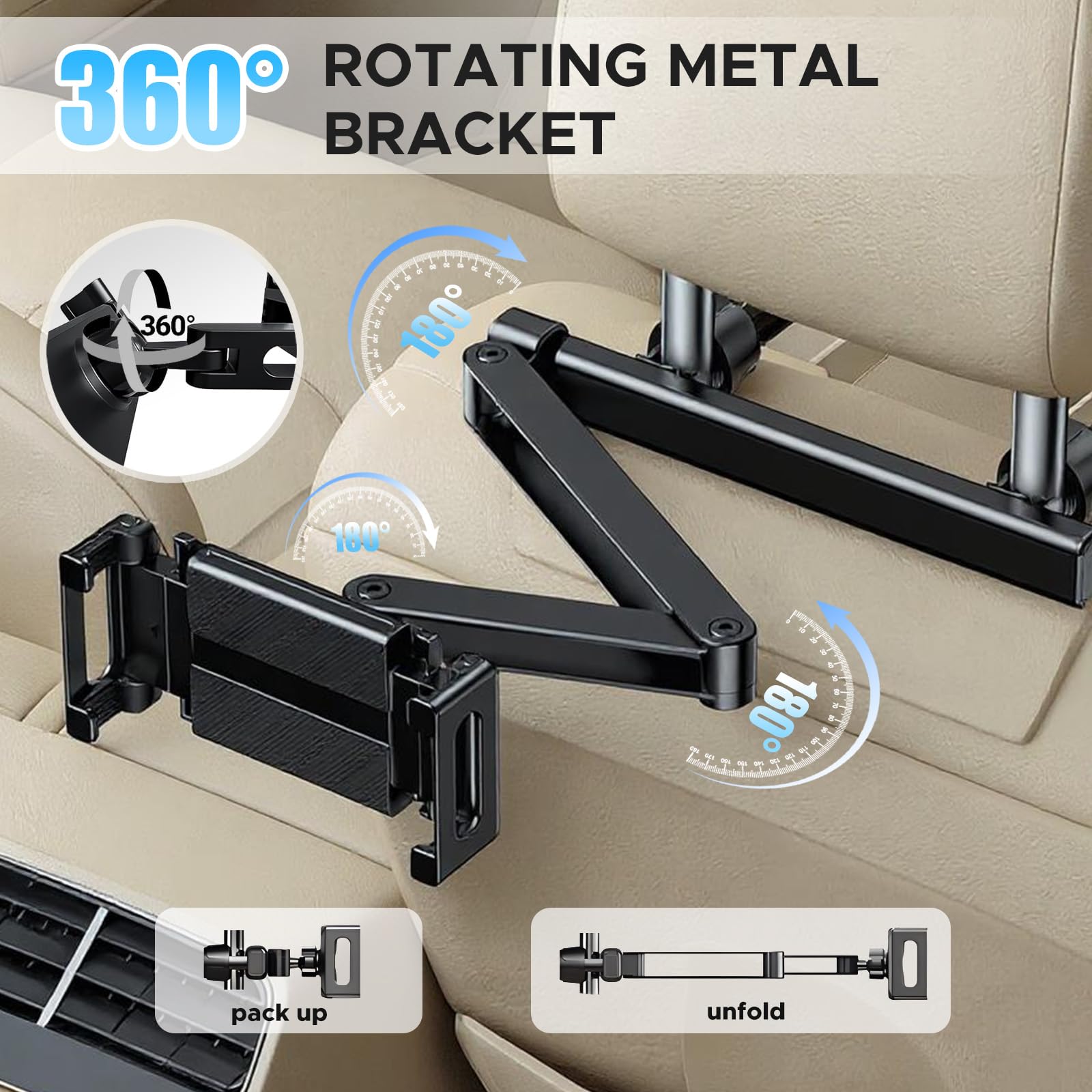 Supporto Tablet Poggiatesta Auto, Estensibile Supporto per Tablet, 3 in 1 Estensibile, 27CM Braccio Ultra-Lungo, Braccio Metallo, Clip Silicone Ampia, 360° Rotazione, per iPad/Switch/Phone