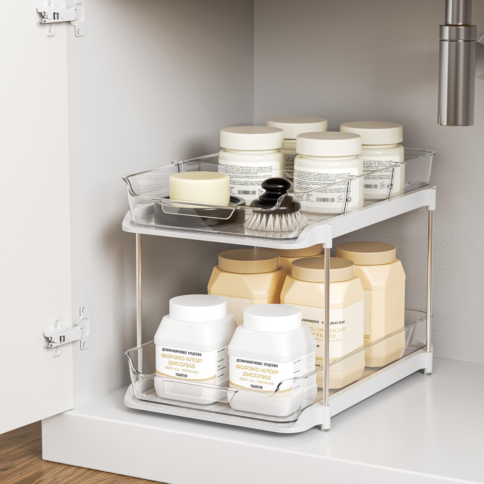 Delamu 2-Tier Multi-Purpose Bathroom Under Sink Organizer, Pull Out Cabinet Organizers and Storage, Stackable Kitchen Pantry Organization and Storage, Clear Under Cabinet Storage with Movable Dividers