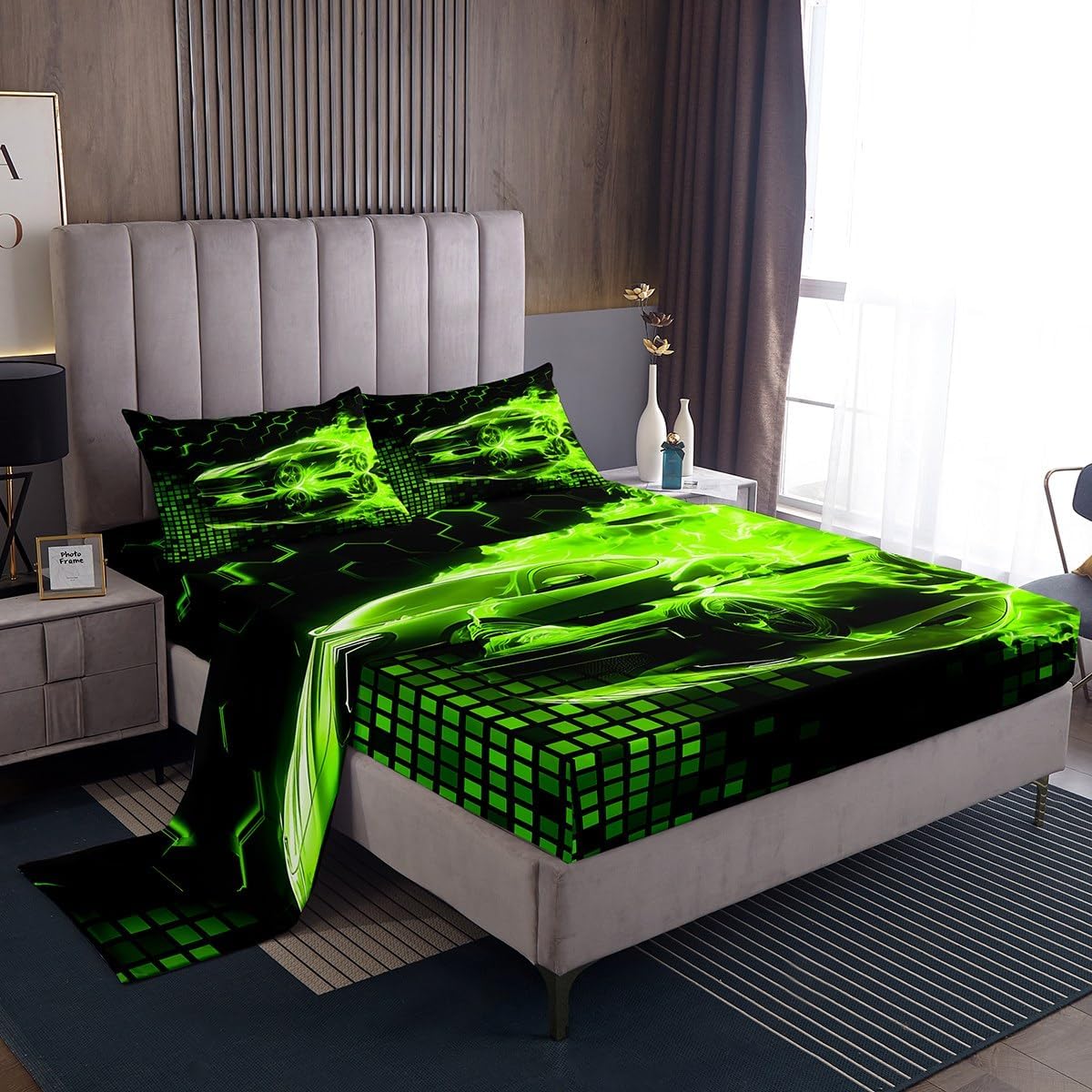 jejeloiu Race Car Flame Bed Sheets Set for Kids Boys Teens Full Size Speed Sports Fitted Sheet Ultra Soft Honeycomb Bedding Set Extreme Sports Bedding Collection Cool Modern Grid