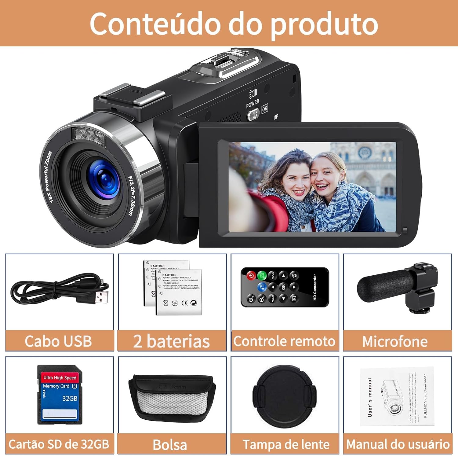 Filmadora 4K 80MP,Câmera de vídeo, Zoom Digital 18x, Visão Noturna, Tela Giratória 3 Polegadas, Controle Remoto 2.4G, Microfone Externo,Profissional para Vlog, Cartão 32GB, 2 Baterias