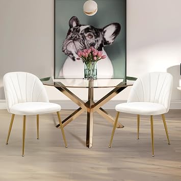 Velvet Dining Chairs Set of 4, Mid-Century Modern Upholstered Kitchen Chair with Metal Gold Legs for Living Room, Dining Room, White