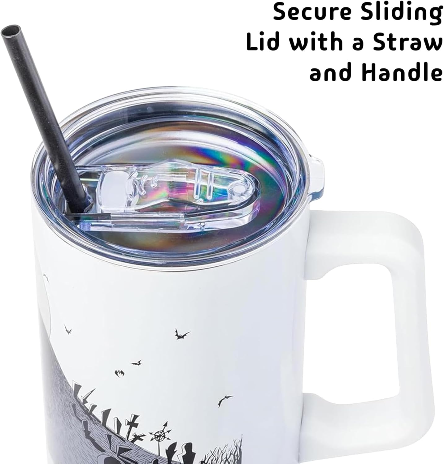 Silver Buffalo Disney Nightmare Before Christmas by Tim Burton Jack Skellington Hill and Moon Double Walled Stainless Steel Tumbler with Handle and Straw, Fits in Standard Cup Holder, 40 Ounces - Image 5