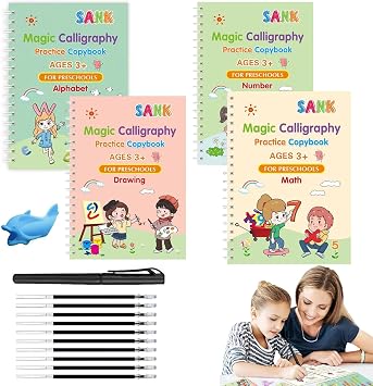 Magic Grooved Practice Copybook, 4 Reusable Grooved Hand Writing Books for Kids with Handwriting Aid Learn to Write Age 3-84 Books + 1 Fountain Pen + 10 Refills