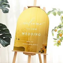 Yousoontic Arch Wedding Welcome Sign, Mirror Acrylic Welcome to Our Wedding Signs 24" x 18" Minimalist Entrance Decor for Ceremony Reception Lawn Outdoor Indoor(Gold)