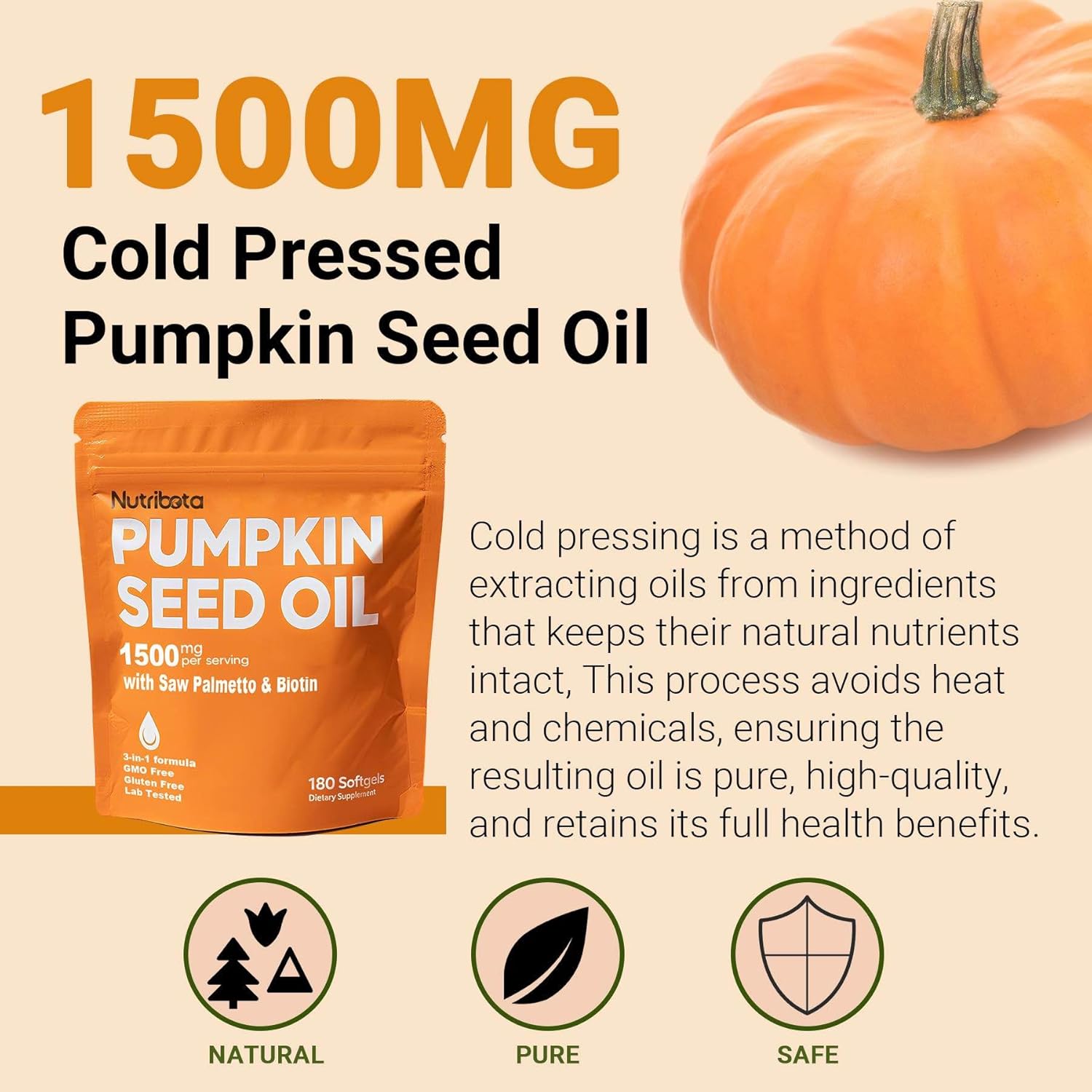 Premium Pumpkin Seed Oil Softgel- 1500mg per Serving with Saw Palmetto & Biotin, Cold Pressed, Pure Virgin Oil for Hair, Urinary,Bladder & Prostate Health, 180 Count. - Image 5
