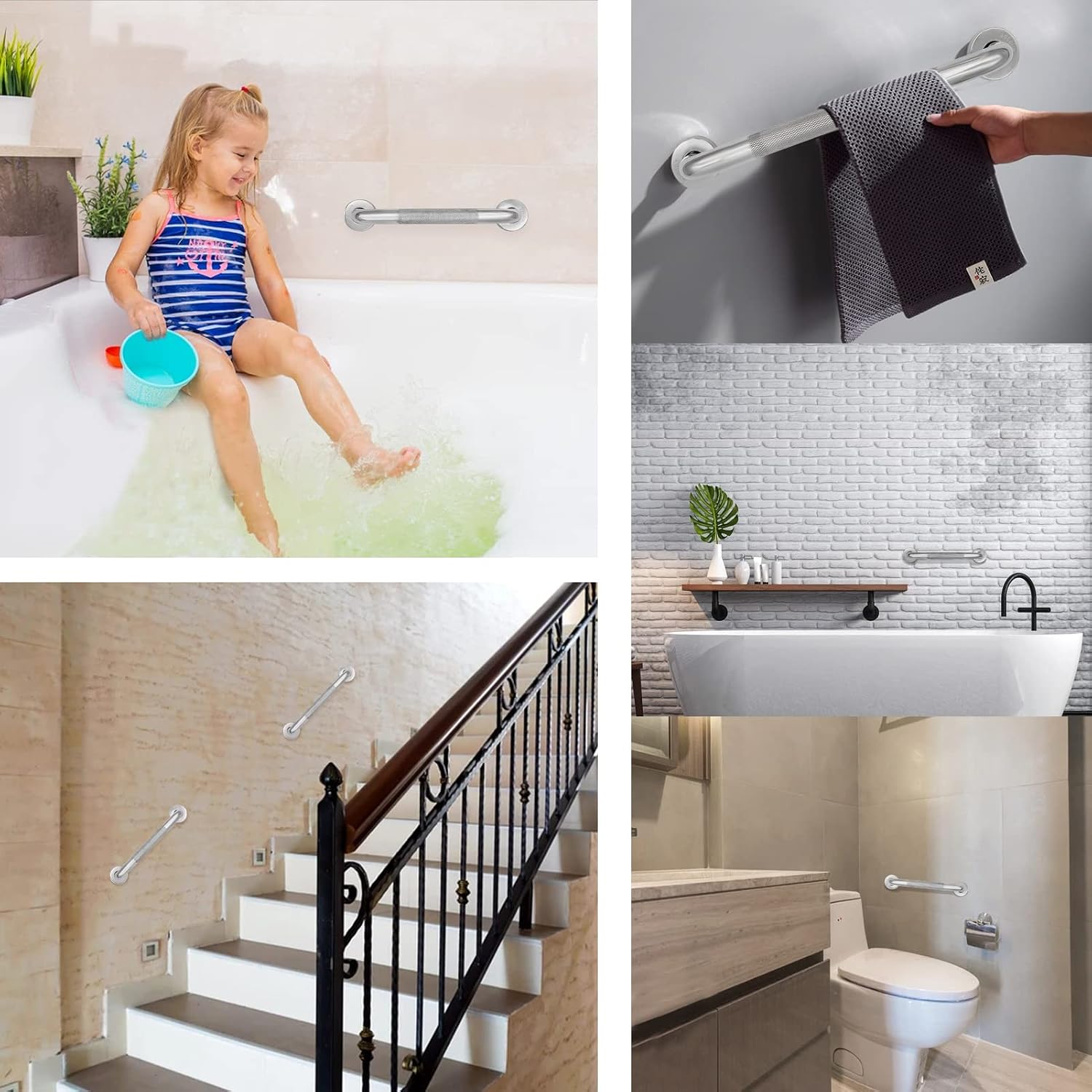 Collage showing grab bars installed in various locations: a child in a bathtub, a grab bar used as a towel holder, a grab bar on a staircase, and a grab bar next to a toilet.