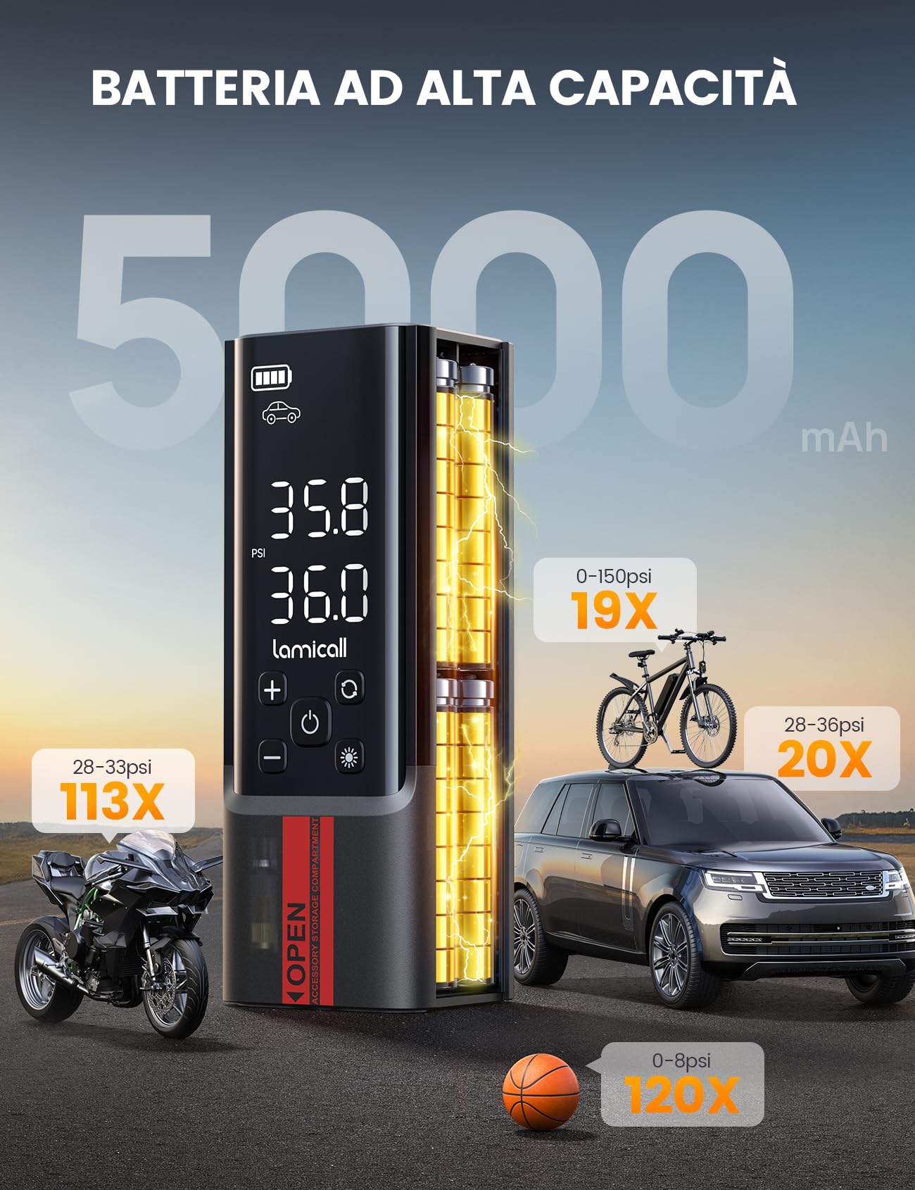 Lamicall Compressore Aria Portatile, Gonfiatore Elettrico Auto - [150 PSI Gonfiaggio Rapido] con Display LCD & Luce LED, Power Bank, Mini Pompa con 3 Ugelli per Auto/Bici/Moto/Palla