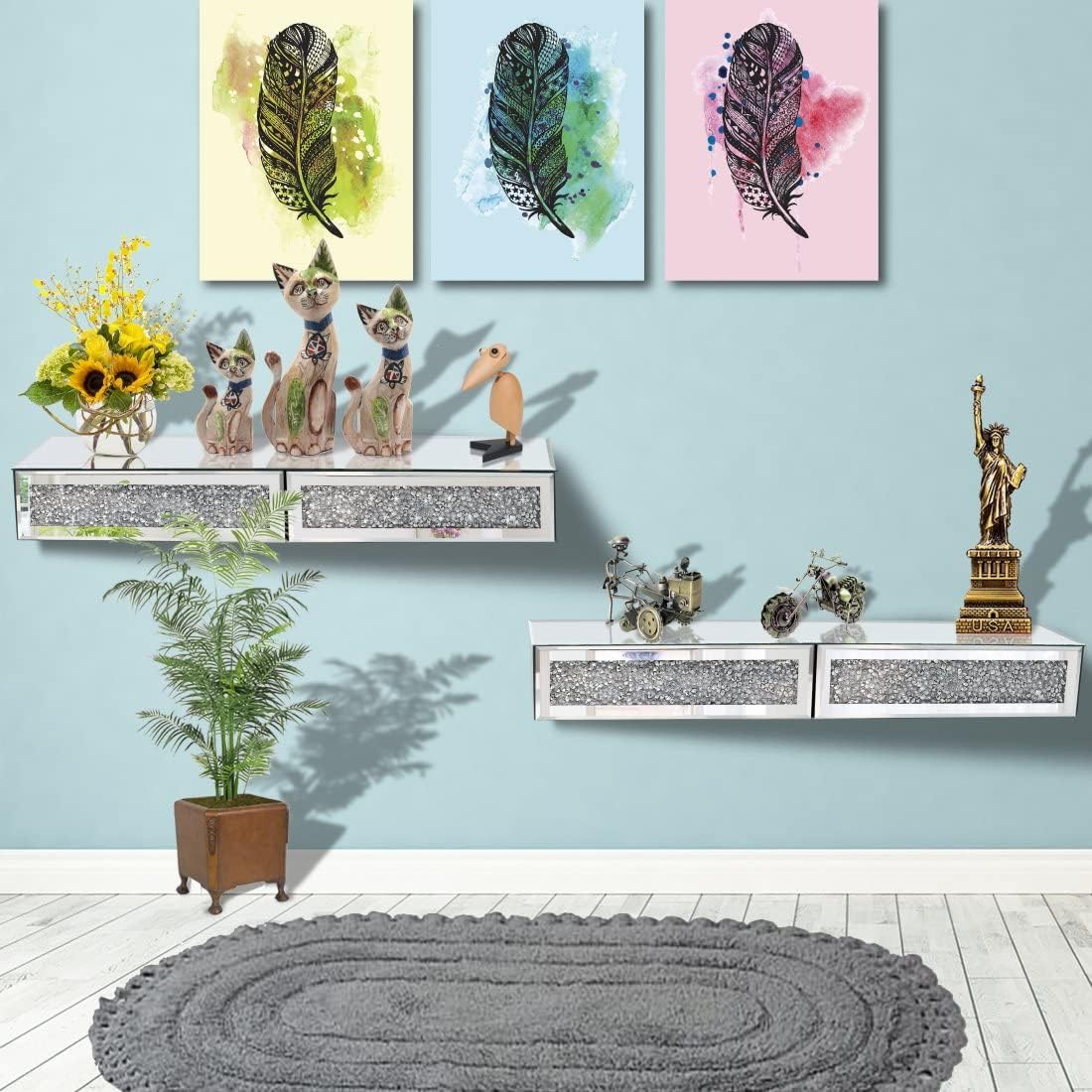 Mirrored Furniture Wall Shelf with 2 Drawer, Crystal Diamond Floating Showcase, Silver Mirror Crushed Diamond Decorative Dressing Table, Gorgeous Bling TV Set, Wall Art Décor , 28.1"L×8.2"W×4"H