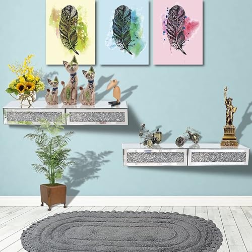 Miniatura 5 de Estante de pared con espejo para muebles con 2 cajones, escaparate flotante de diamantes de cristal, tocador decorativo de diamante triturado con