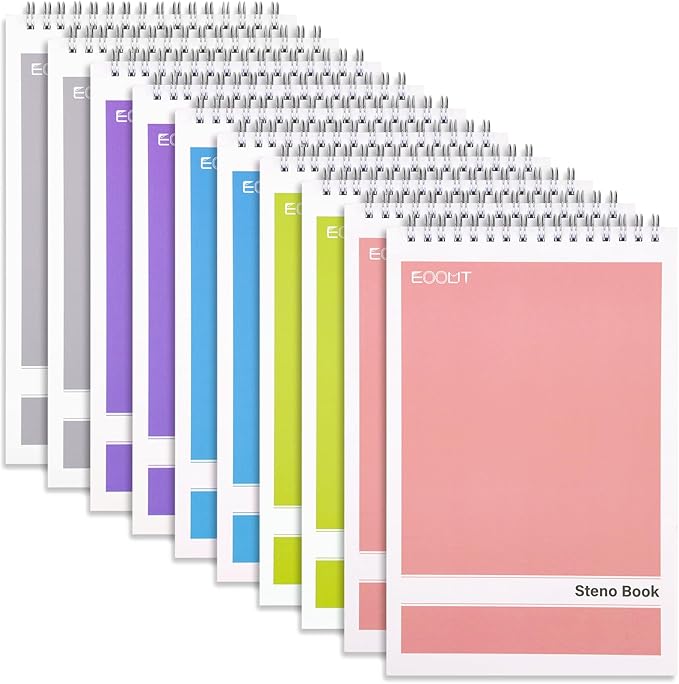 EOOUT 10 Pack Top Spiral Steno Pads, 6 x 9in, 80 Sheets White Paper, Gregg Rule