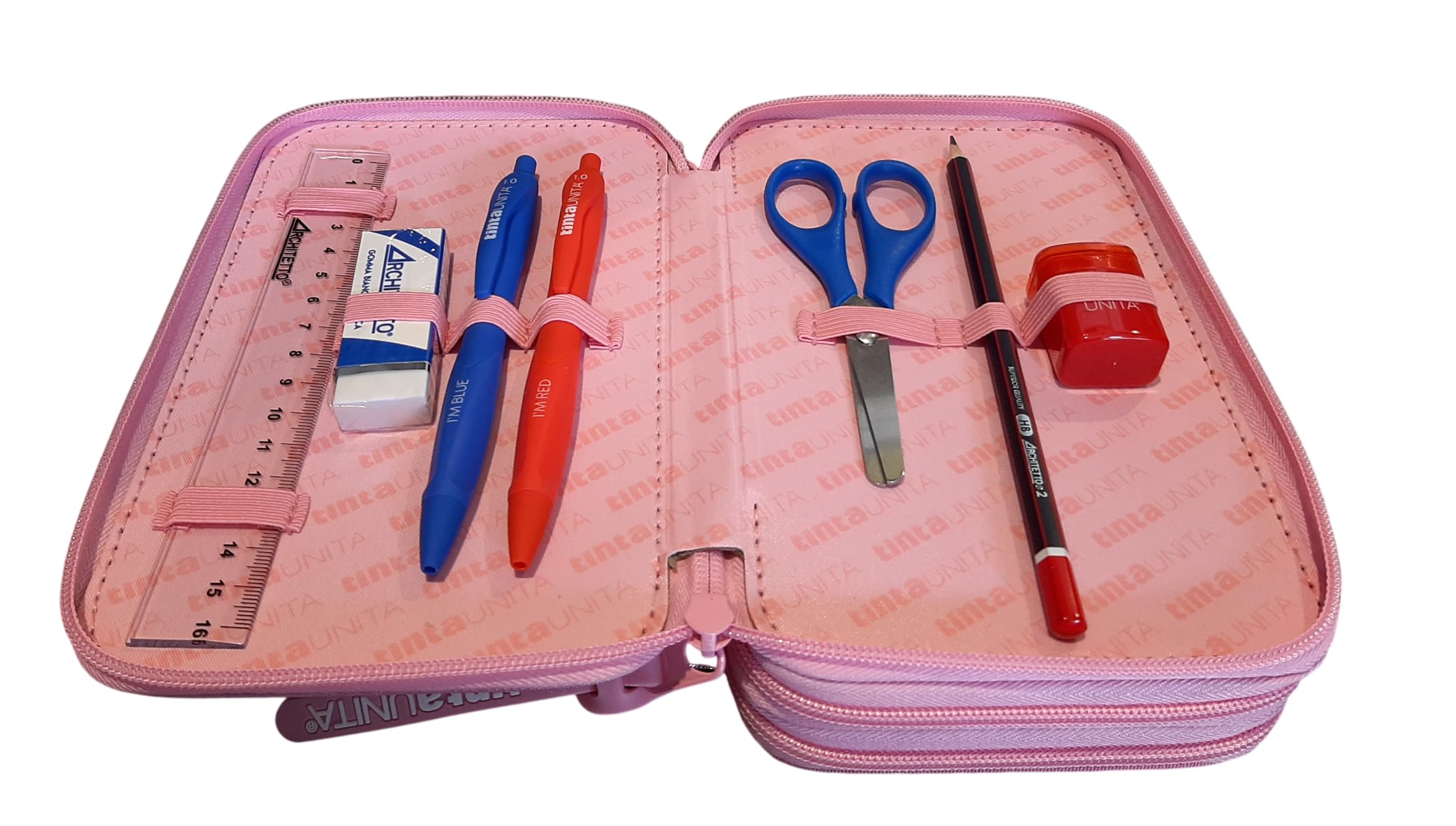 Estuche de color liso con 3 cremalleras Gradient Elegant Glamour rosa completo de papelería + estuche ovalado con cremallera para la escuela, para niña + llavero y bolígrafo de color