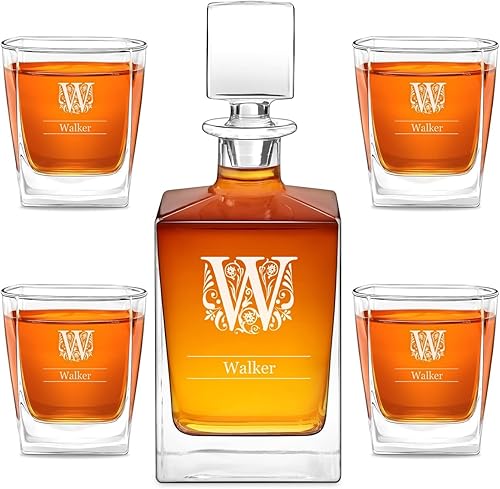Maverton Juego de whisky personalizado para hombre, elegante jarra con 4 vasos para él, botella de vidrio para caballero, cristalería grabada para