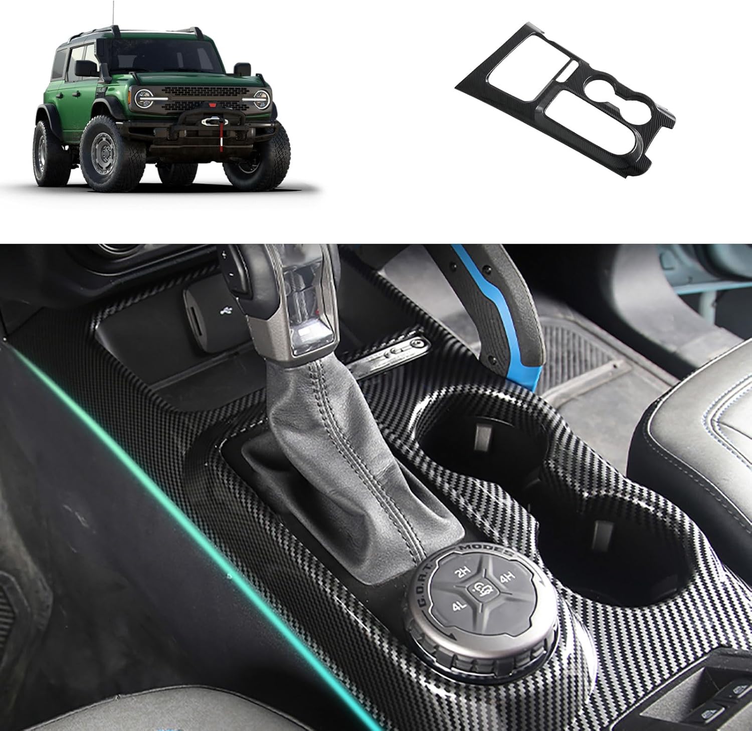 Gear Shift Panel Cover Compatible with Ford Bronco 2021-2024 Gear Shift Knob Console Panel Trim Cup Holder Frame Cover Interior Car Accessories ABS 1PC(Carbon Fiber Style)