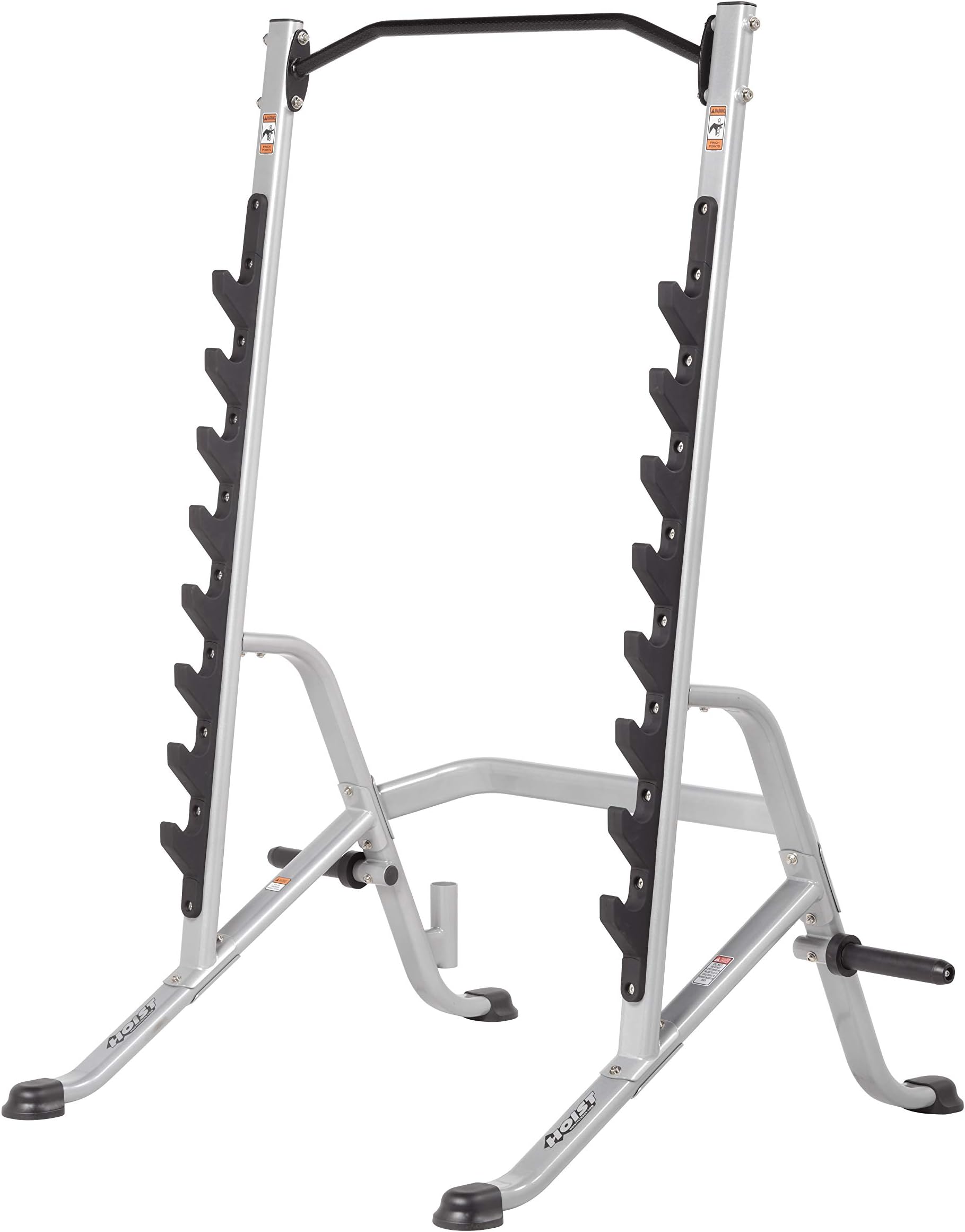 HOIST Fitness Multi-Purpose Squat & Strength Training Free-Weight Rack w/ 8-Position Polyurethane Covered Olympic Bar Rack-out Tiers