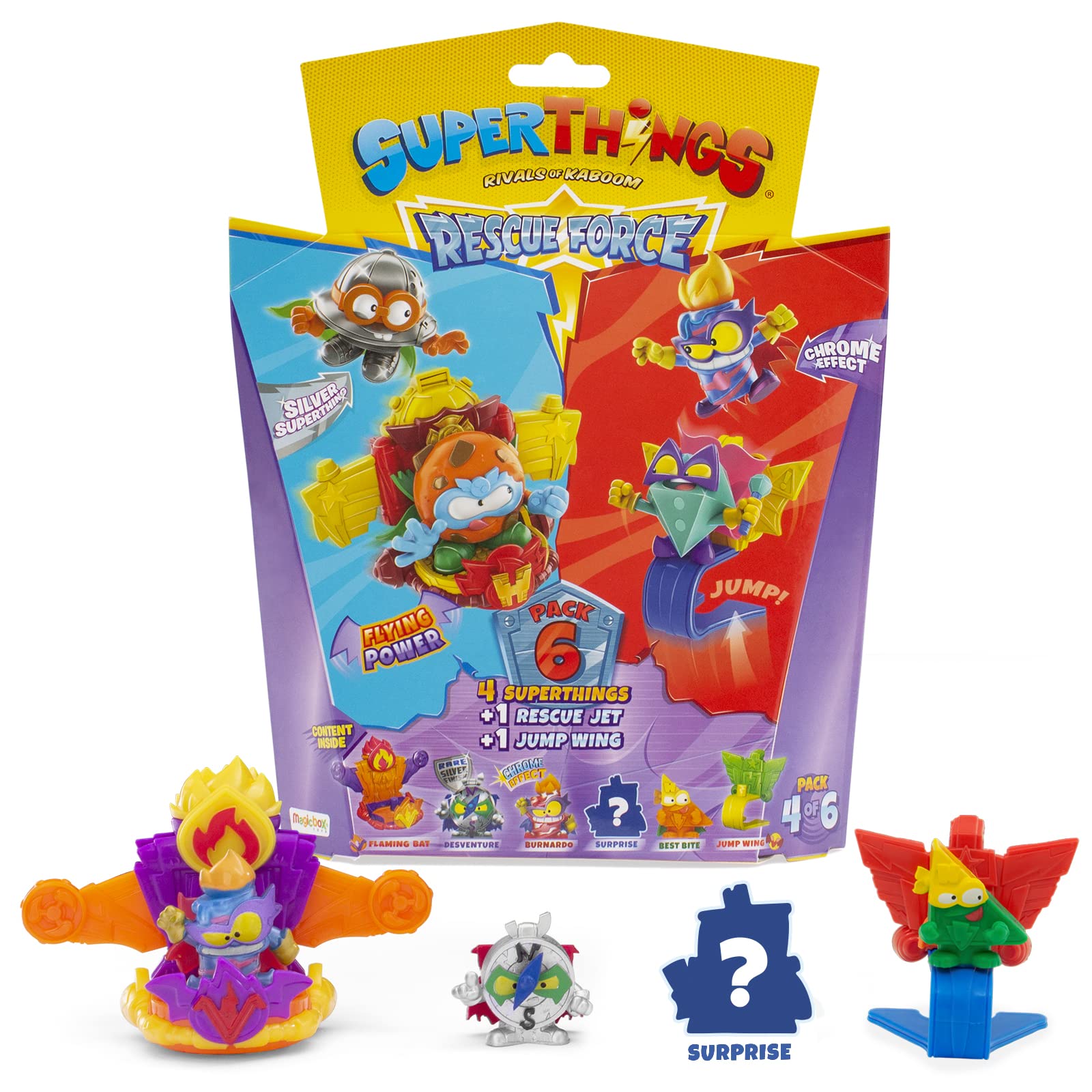 SUPERTHINGS RIVALS OF KABOOM Rescue Force Series – 6-Pack. Includes 4 SuperThings (1 rare silver captain), 1 Rescue Jet and 1 Jump Wing 4/6