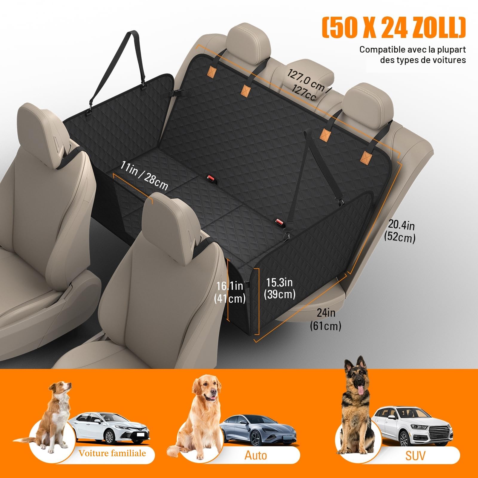 Protection Voiture Chien Siege Arriere [127 x 62 cm], Imperméable, Résistante Aux Rayures, Coque Rigide, Protege Voiture Pour Chien SUV et Voitures Familiales, Lavable, Avec Filet Ventilation (Noir)