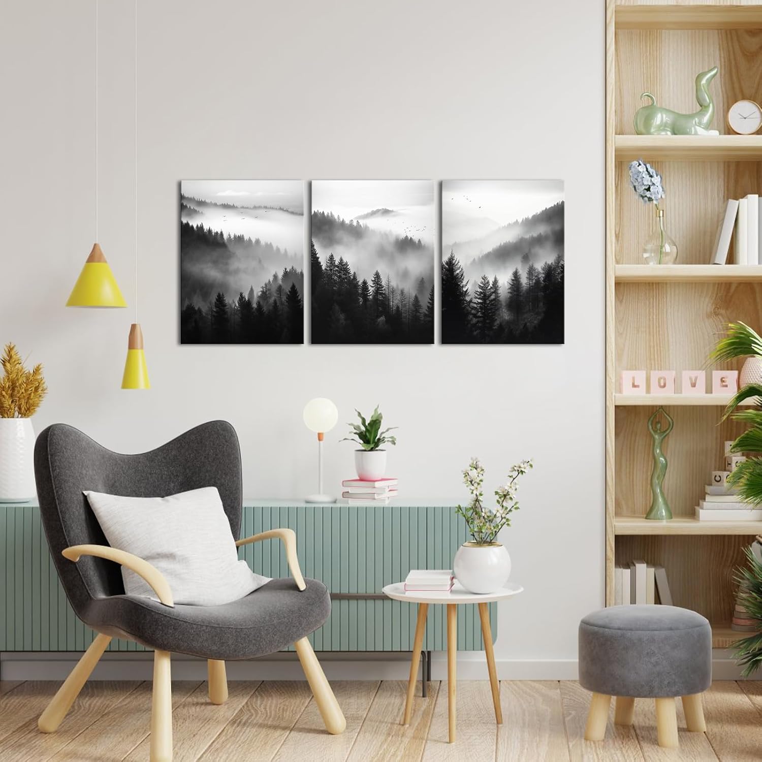 YeiLnm Black and White Mountain Pictures for Bedroom Living Room Foggy Forest Wall Art 12x16 inches