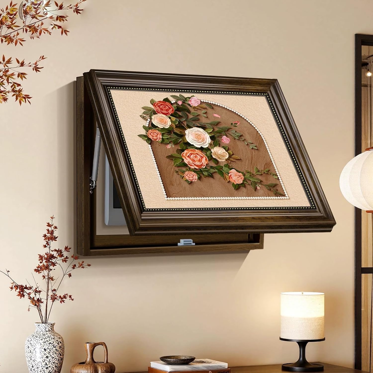 Oil Painting Breaker Box Cover with Hydraulic Rod, Wall Mounted Electrical Panel Cover with Floral Pattern for Living Room, Bedroom, Office(Natural3,60x80cm/23.6x31.4In)