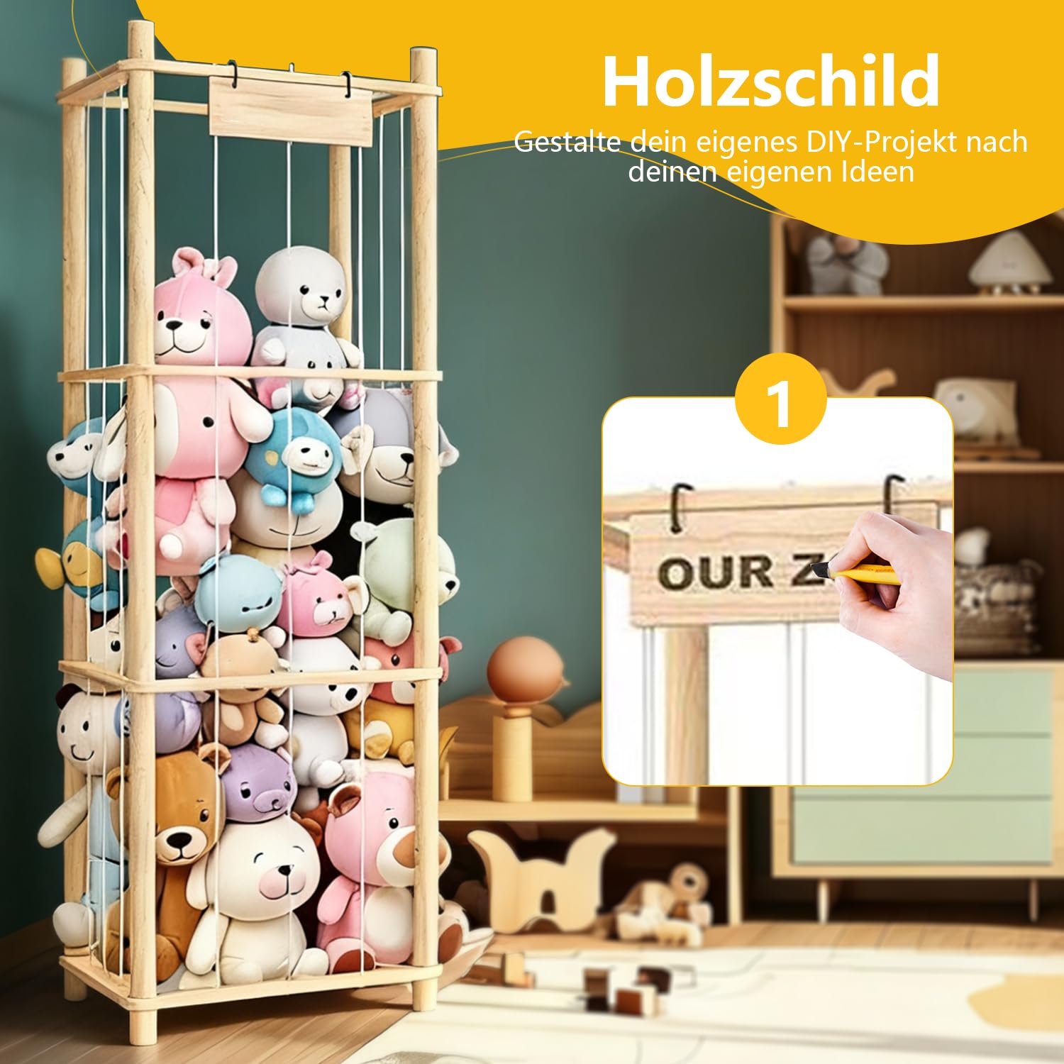 Contenitore per animali di peluche, in legno, 136 x 40 x 40 cm, salvaspazio, per camera dei giochi, cameretta dei bambini, soggiorno