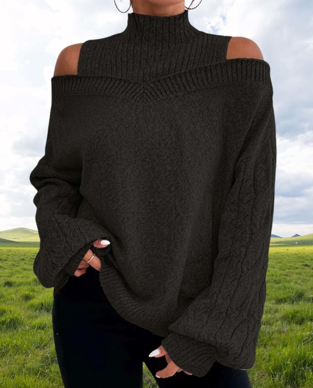 Turtleneck Sweaters for Womens Fall Fashion Casual Off The Shoulder Long Sleeve Solid Knit Pullover Sweater Top - Image 6