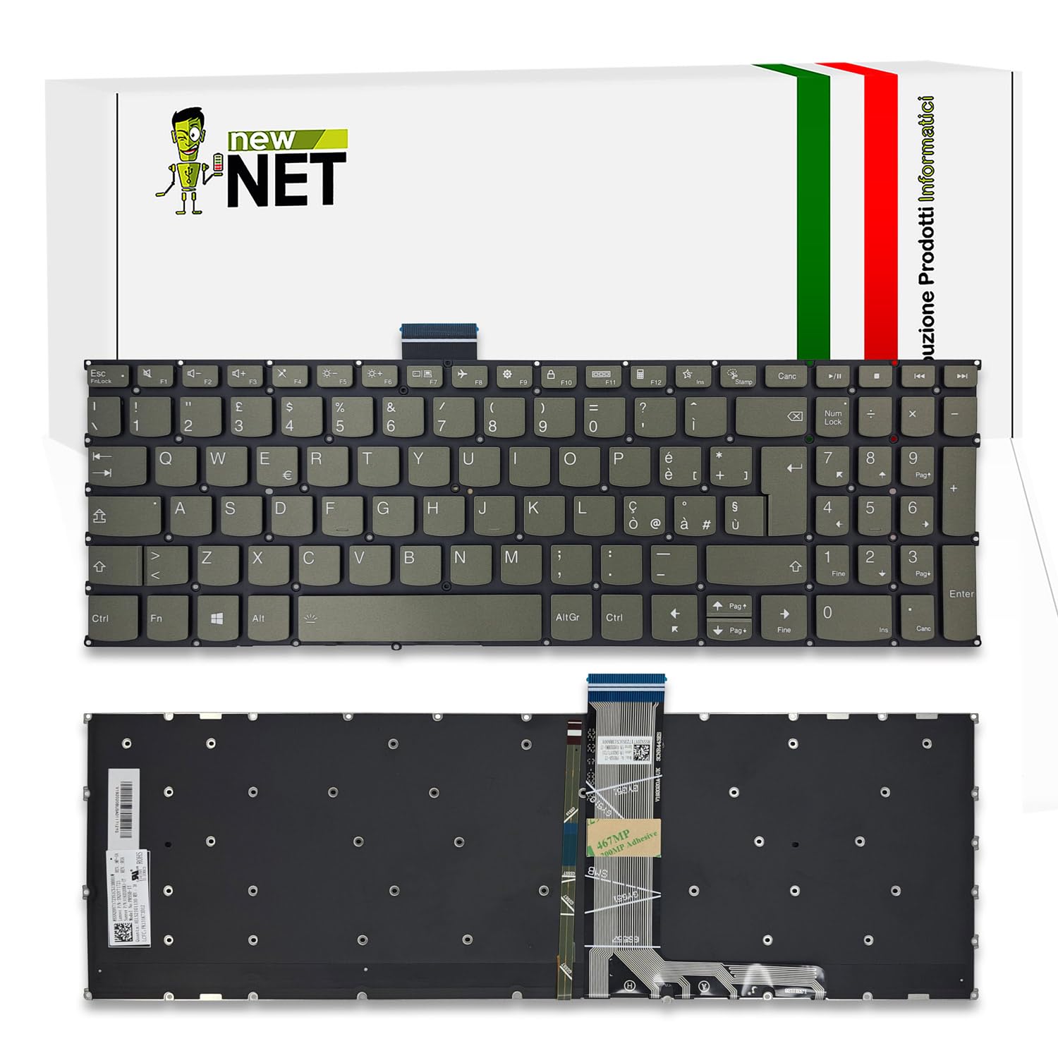 new net - Tastiera Compatibile con Lenovo Ideapad 3-15ADA6 (Type 82KR), 3-15ALC6 (Type 82KU, 82MF), 3-15ITL6 (Type 82H8, 82MD) [Senza Frame - Colore Tasti Bronzo - Retroilluminata - Layout ITA]