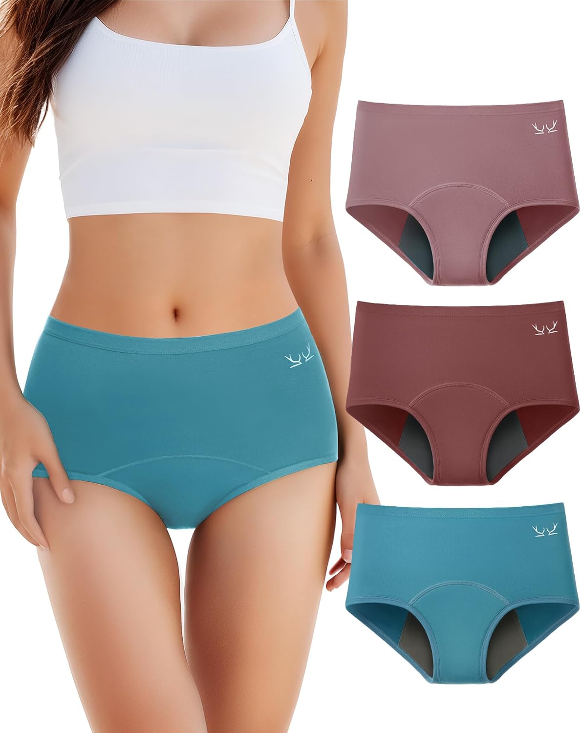 TANSTC Period Underwear for Women Heavy Flow Leakproof Panties Soft Fit Teens High Waisted Menstrual Panties Postpartum Hipster Briefs -3 Pack