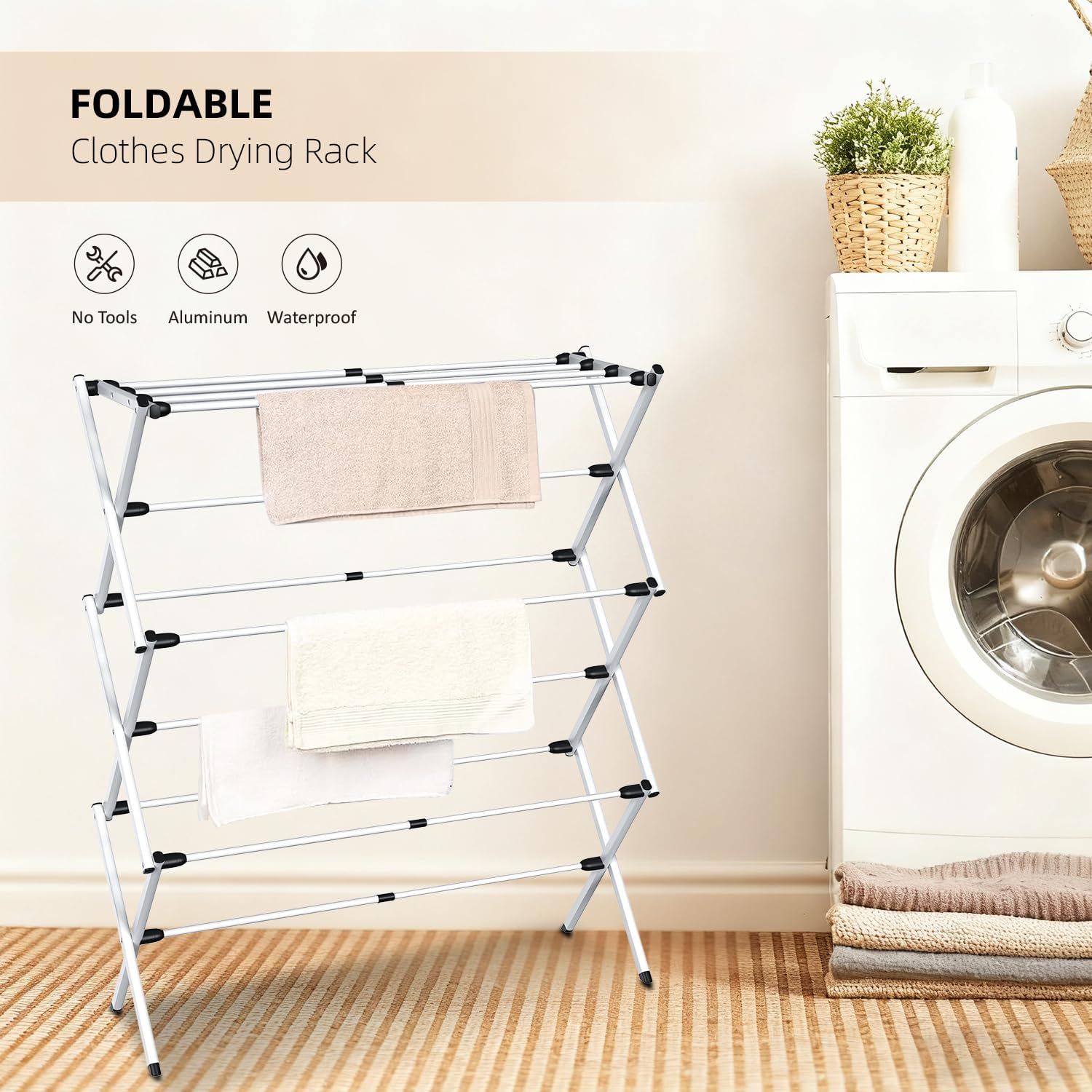 Foldable Clothes Drying Rack, Collapsible Laundry Drying Rack for Air Drying Clothing, Space-Saving Design for Indoor Outdoor Drying Rack Clothing (White)