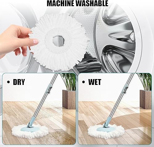 Miniatura 7 de Trapeador giratorio y cubo con juego de escurridor, sistema de cubo giratorio de 360 con 3 cabezales de repuesto de mopa de microfibra, mango