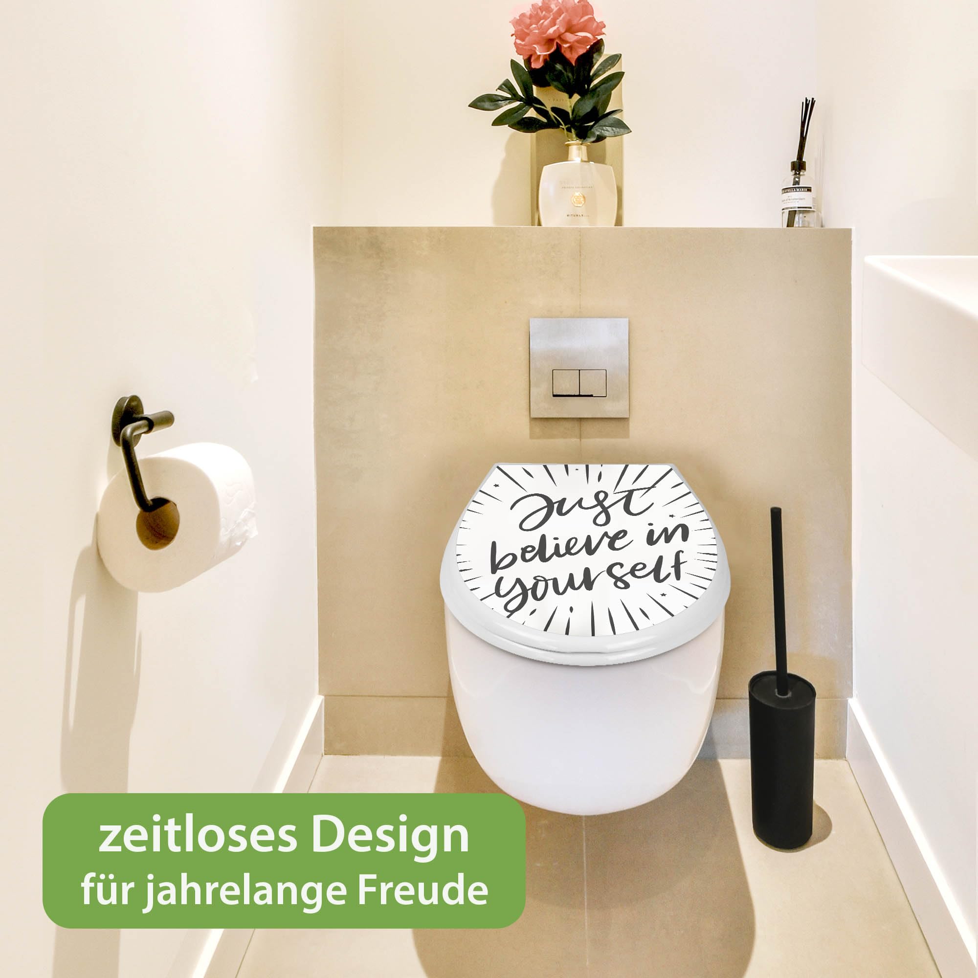 banjado Familien WC Sitz mit Absenkautomatik 44,9x37,1cm - Klobrille mit Kindersitz aus hochwertigem Polypropylen - Toilettendeckel mit Kinder Toilettensitz integriert - Motiv Glaube an dich