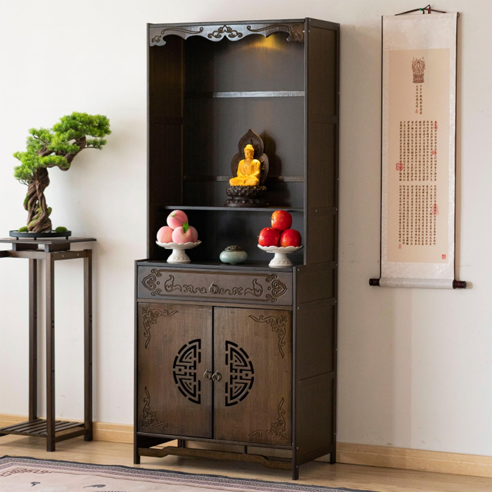 MESCXTY Meditation Altar Table with LED Light, Multifunctional Storage Cabinet and Drawer, Home Shrine for Prayer Pooja Mandir, Elegant Spiritual Worship