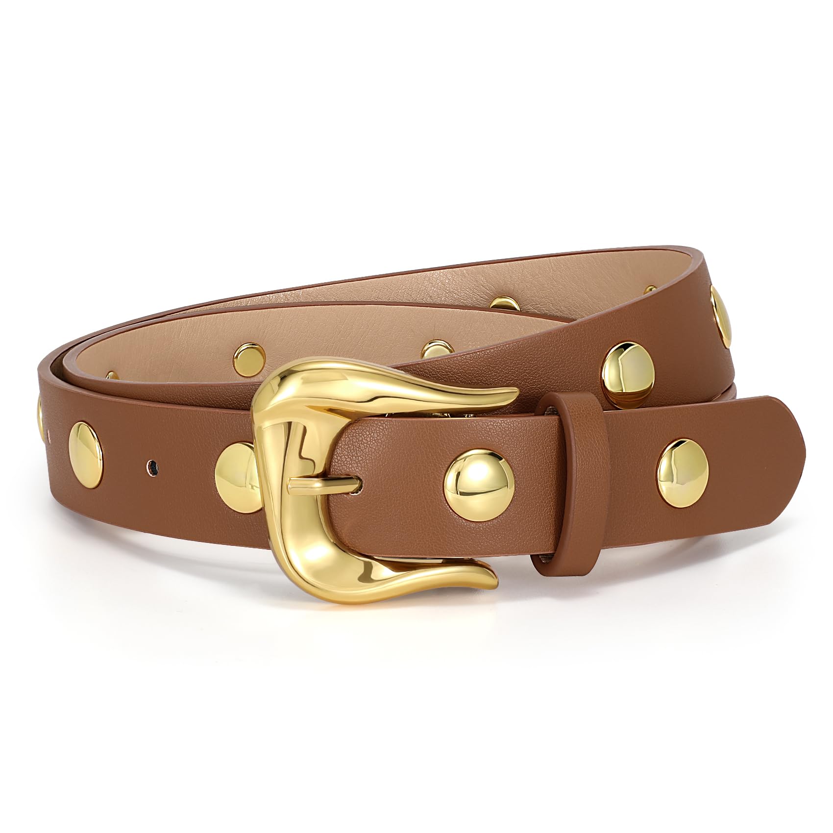 LEACOOLKEY Women Leather Belts for Jeans Dress Fashion Gold Black Leather Belt Women Studded Belt Punk Leather Belt