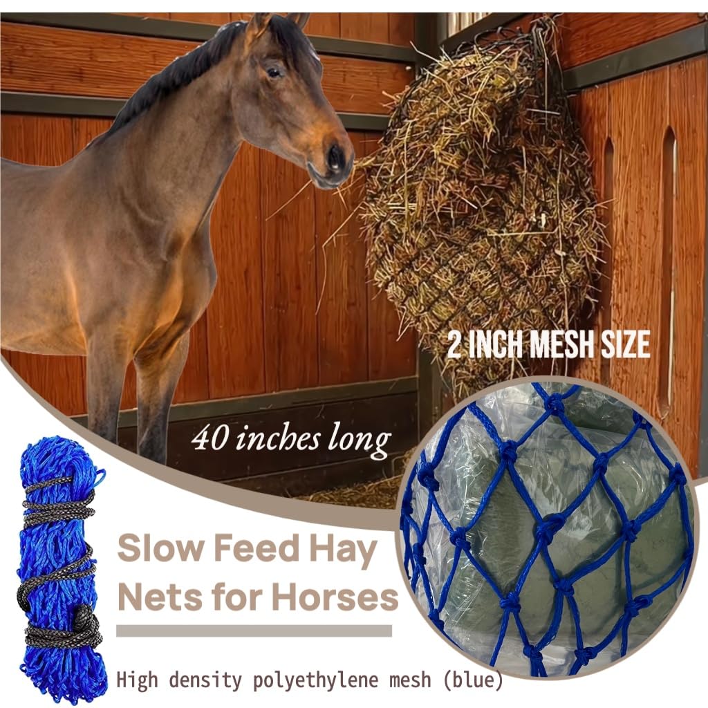 Blue & Black Horse Hay Nets Set-2 Pack 40"Length with 2"Hole Haynet and Large 600D Oxford Hay Bag,Slow Feed Bag Hay Nets for Horses,Sheeps,Cows-Feeding Supplies - Image 2