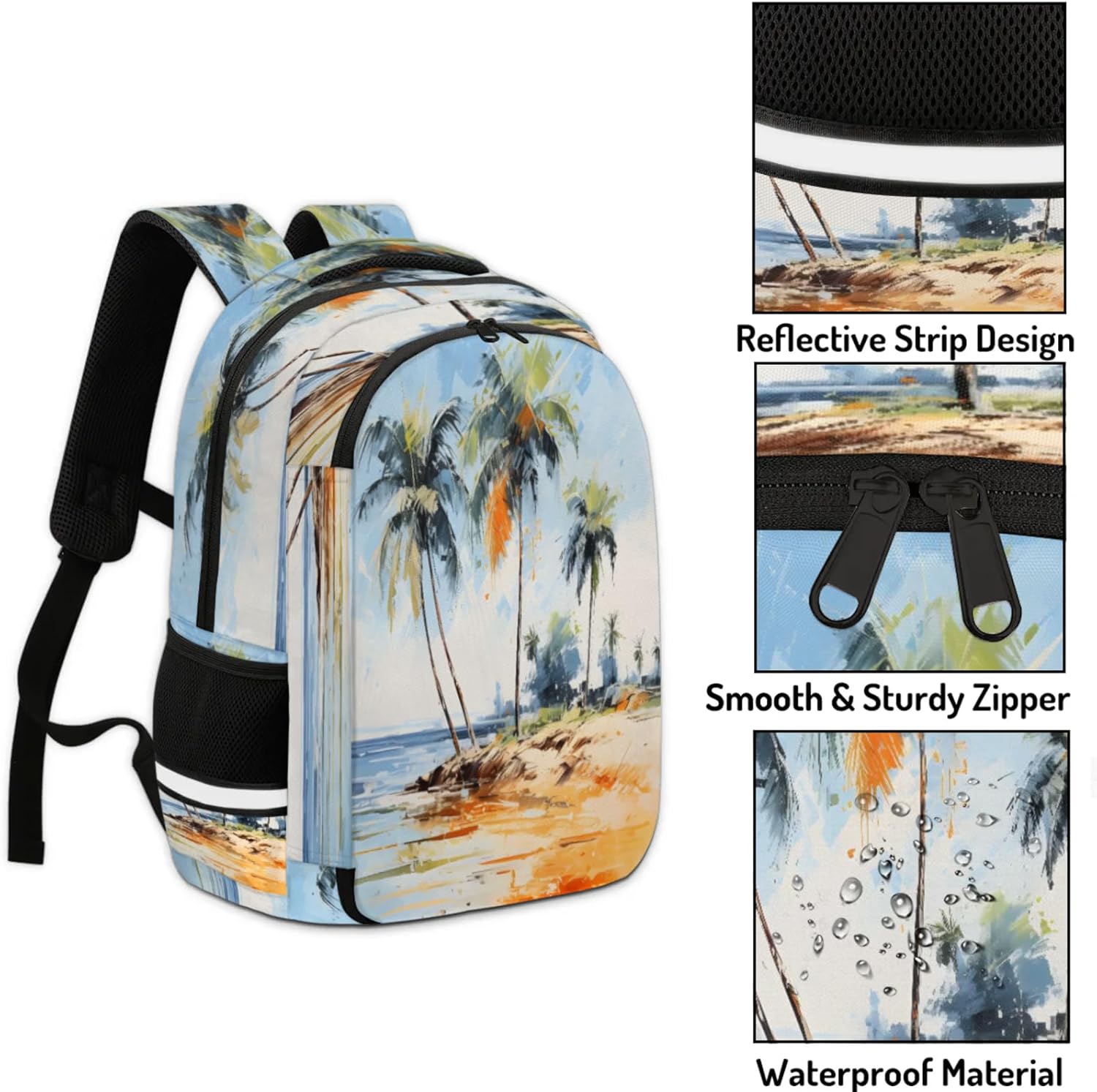QsirBC Abstract Hand Painted Coconut Beach Multi Compartment Backpack with Reflective Strips Adjustable Padded Straps Large Capacity Waterproof Duffel Bag for Men Women Work and Daily Use