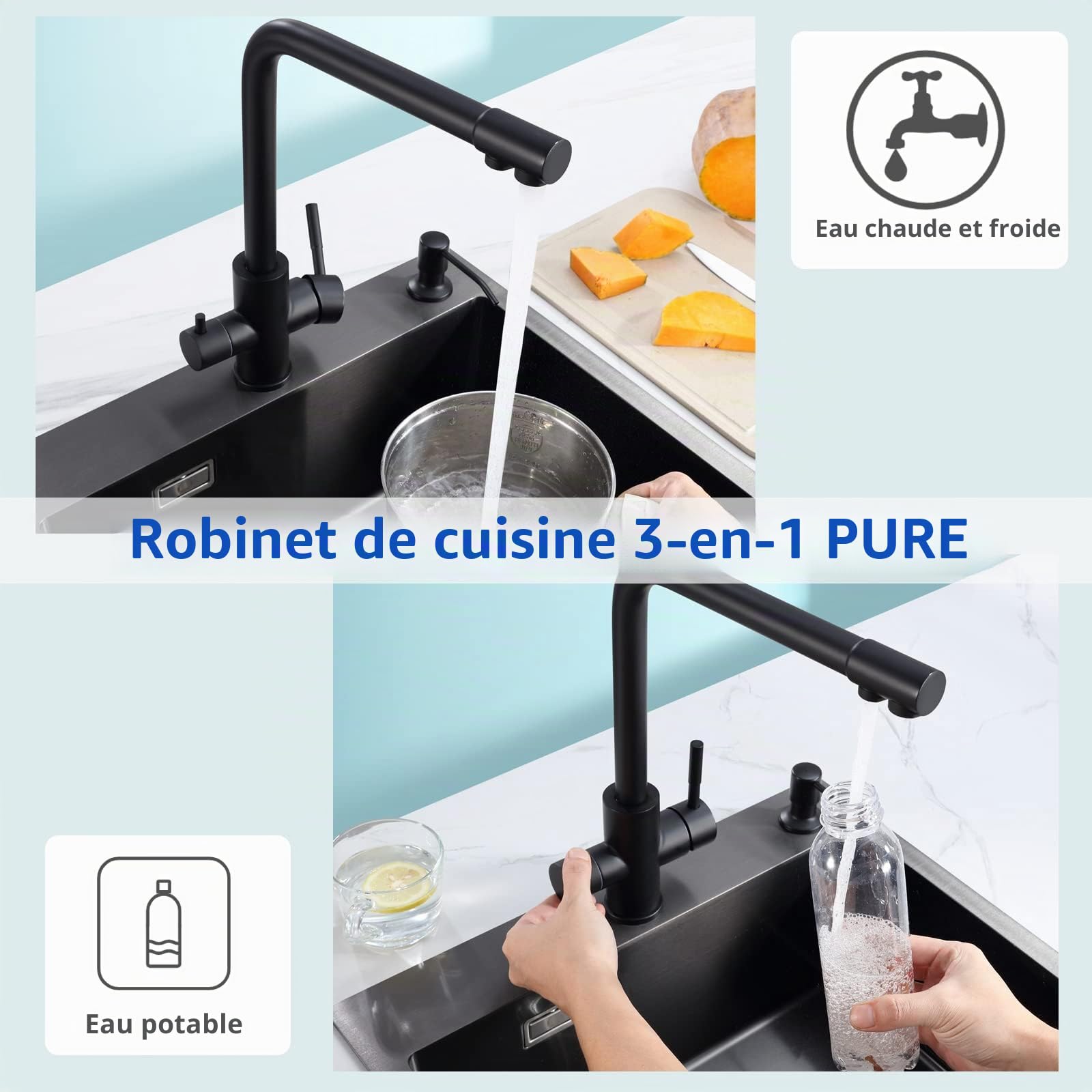 CECIPA PURE-B Robinet Cuisine 3 Voies, Mitigeur d'Évier avec Deux Sorties D'eau: Eau Filtrée et Eau Chaude/Froide - Bec Orientable 360° en Acier Inoxydable 304, Noir