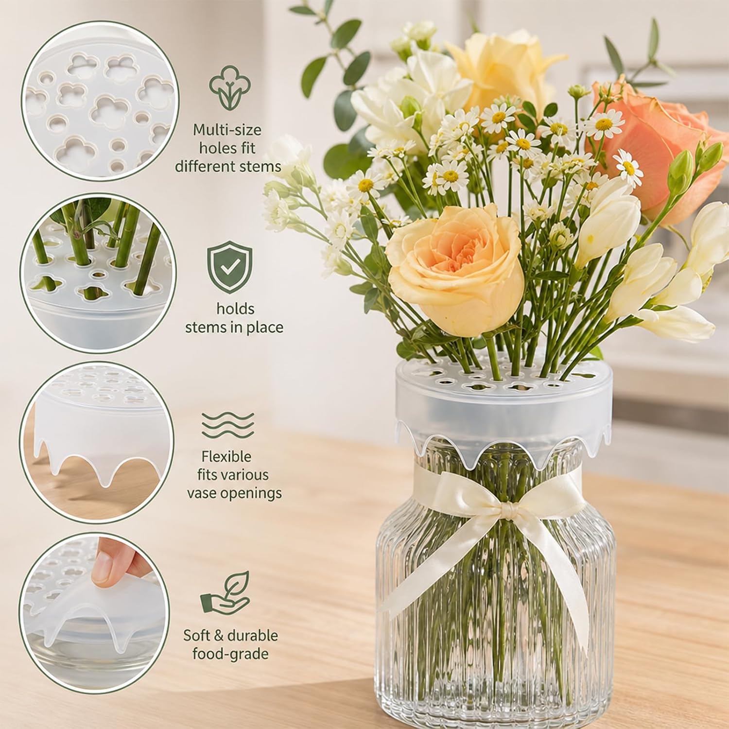 Silicone Flower Arranging Grid, Water Proof & Reusable Stretch Flower Arranging Grid, Clear Flexible Vase Buddy Reusable Silicone, Silicone Vase Grid for Outdoors and Indoors Easy Vase Arrangement