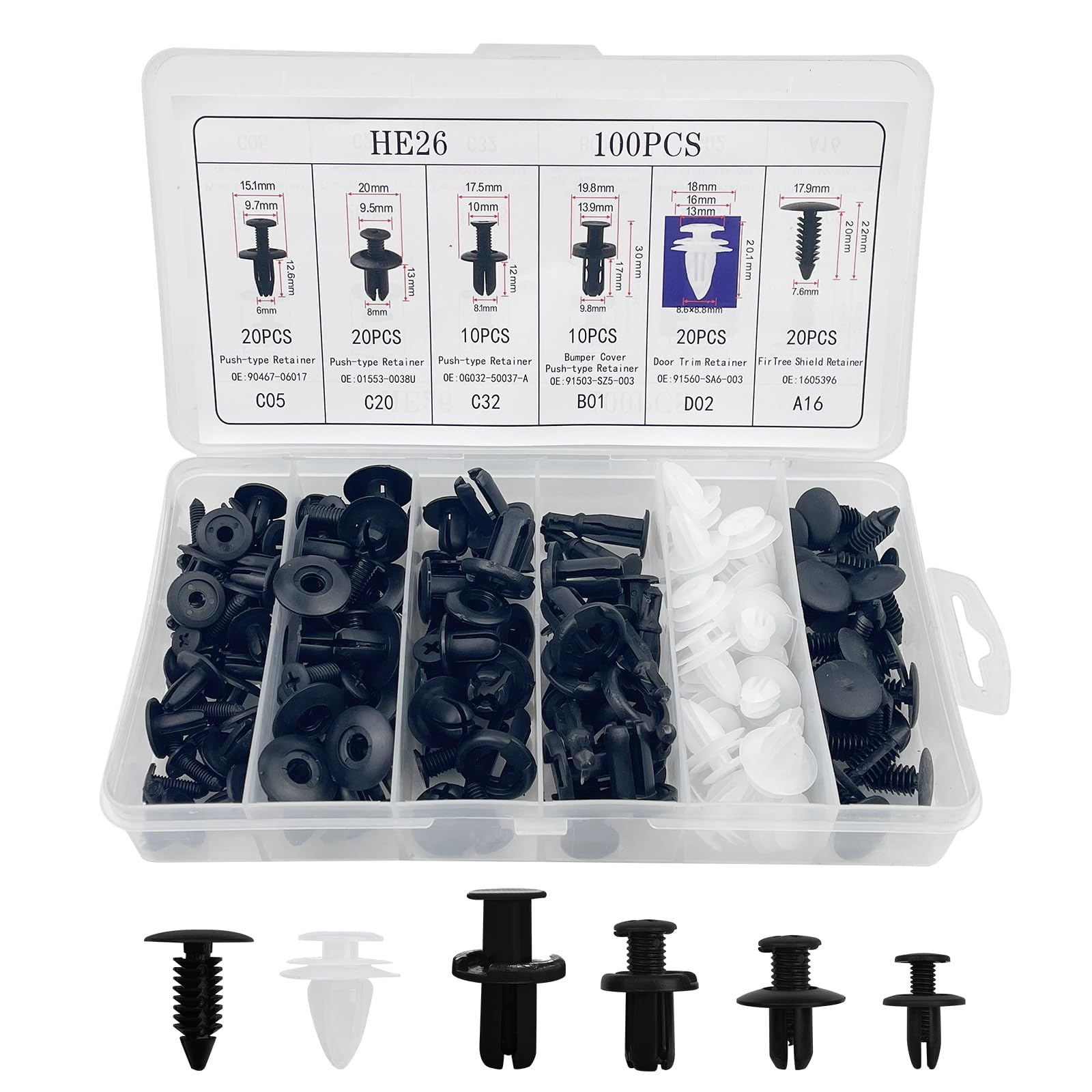 Kit 100 Clips De Fixation Voiture | 6 Tailles | Rivets Plastique Pare-chocs Porte | Pour DIY Auto
