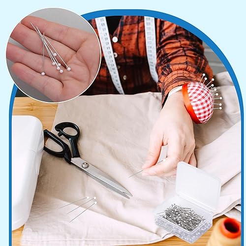 Miniatura 7 de Alfileres de costura, 300 alfileres rectos para tela, alfileres de acolchado de cabeza de bola perlada blanca de 1.5 pulgadas, alfileres de costura