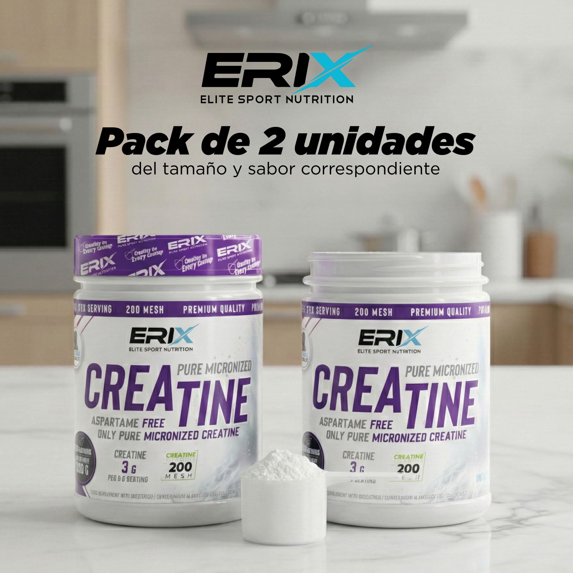 ERIX Nutrición Creatina Monohidrato 200 Mesh Neutra - Pack de 2 x 500g (1 Kg, 332 Dosis) - Polvo Micronizado 100% Puro sin Sabor para Entrenamiento, Mejora la Fuerza Muscular y la Recuperación