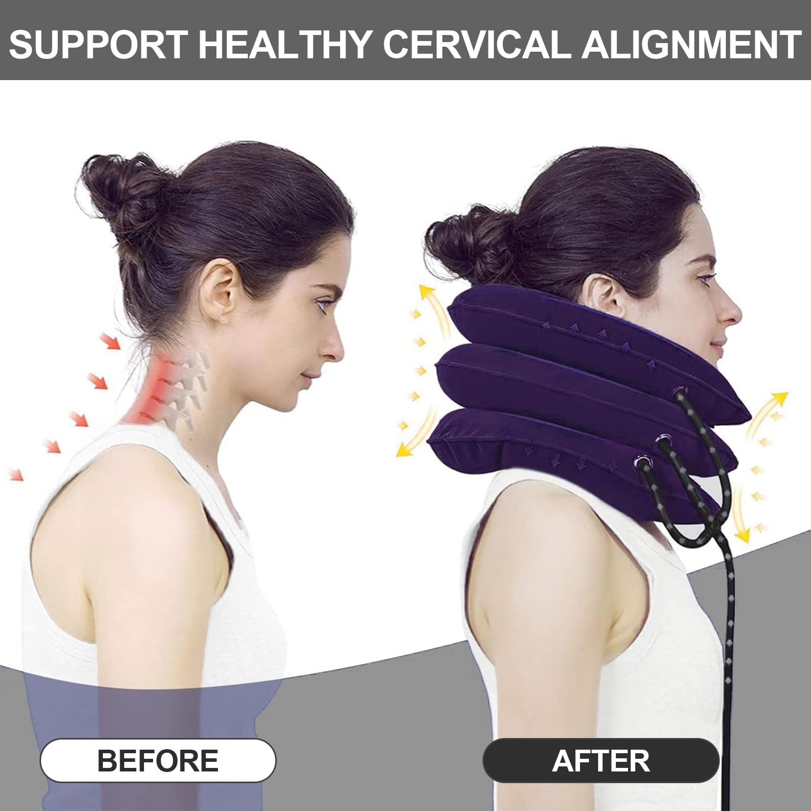 Minerve Cervicale Gonflable (Violet) Collier à Air Adjustable Douleurs Cervicales & Posture, Décompression Vertébrale Domicile`